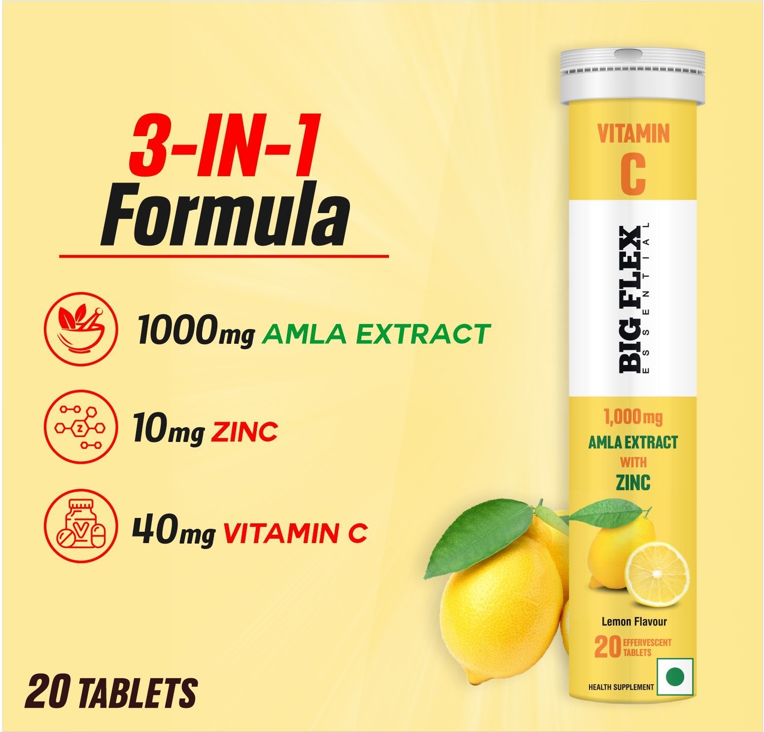 BigFlex Vitamin C with Amla (1000mg) and Zinc (10mg) 20 Effer Tabs Lemon