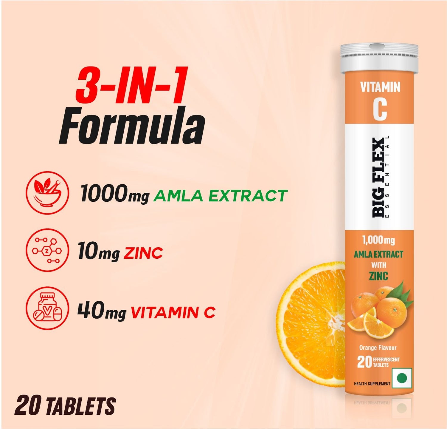 BE Vitamin C with Amla (1000mg) and Zinc (10mg) 20 Effer Tabs Orange