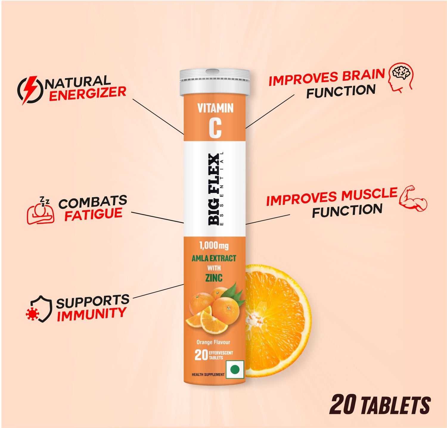 BE Vitamin C with Amla (1000mg) and Zinc (10mg) 20 Effer Tabs Orange