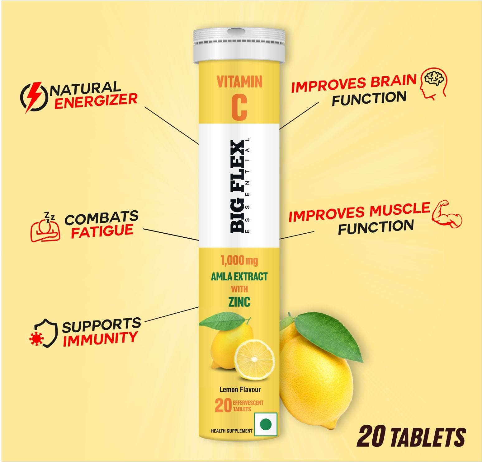 BigFlex Vitamin C with Amla (1000mg) and Zinc (10mg) 20 Effer Tabs Lemon