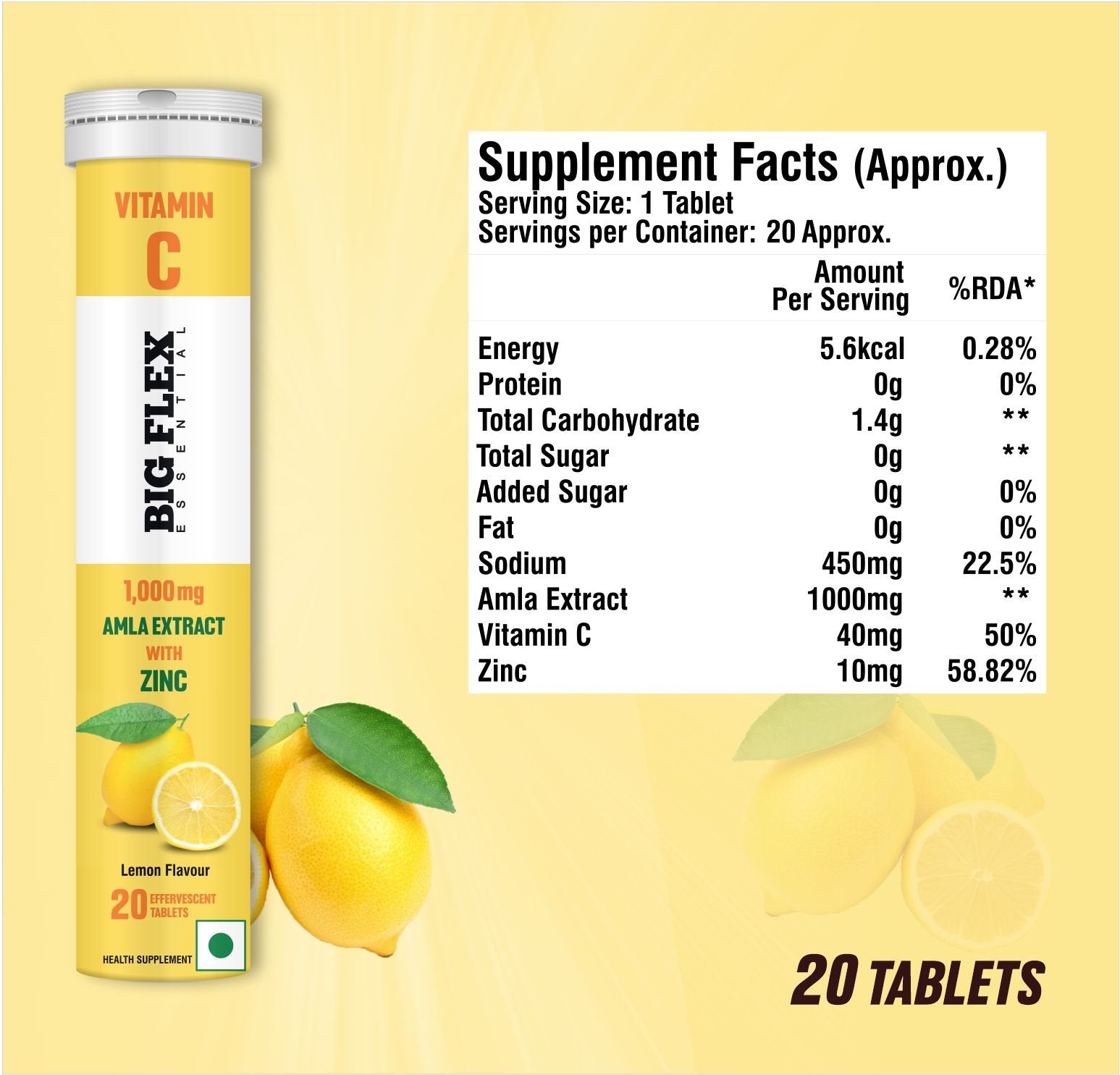BigFlex Vitamin C with Amla (1000mg) and Zinc (10mg) 20 Effer Tabs Lemon