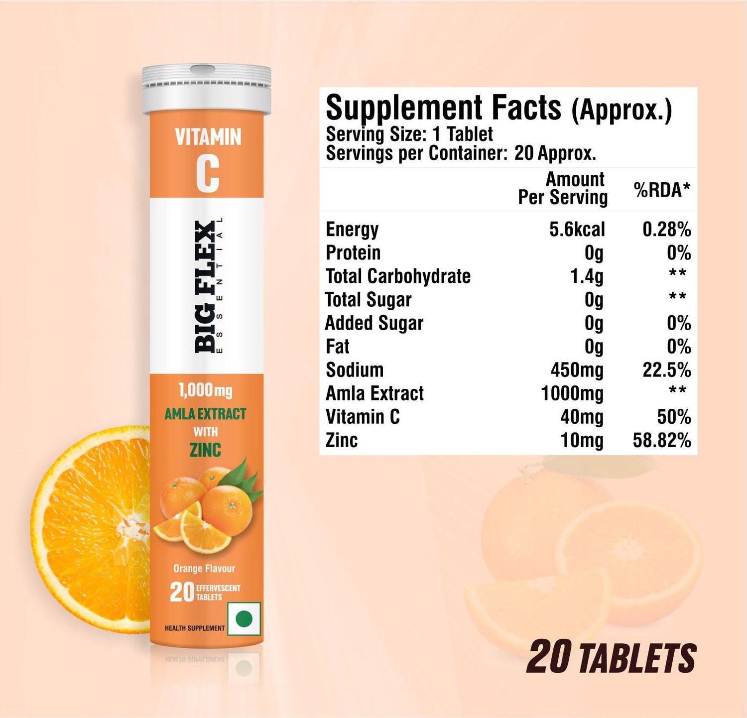 BE Vitamin C with Amla (1000mg) and Zinc (10mg) 20 Effer Tabs Orange