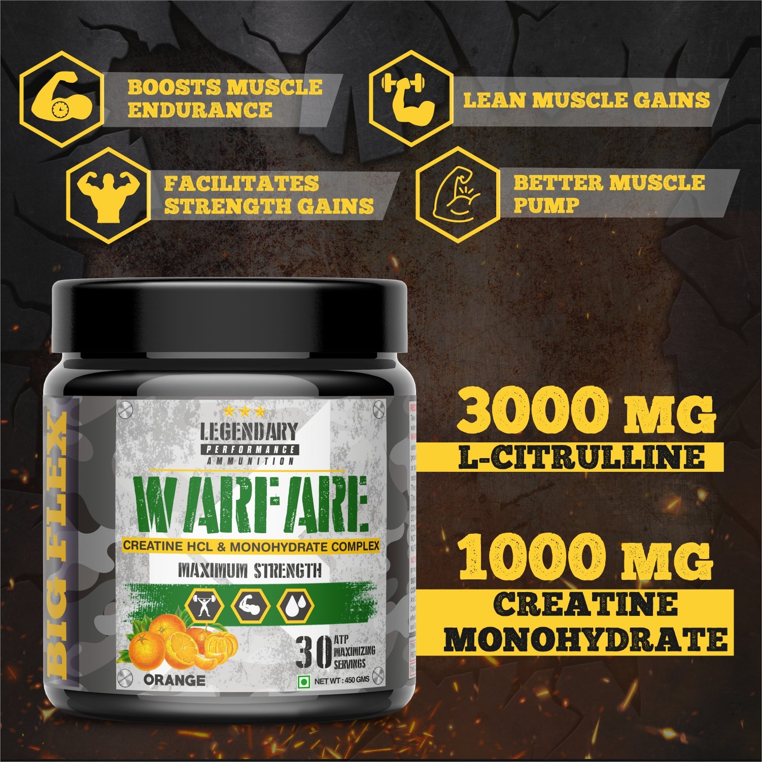 Bigflex Warfare Creatine, 3g Citrulline Malate , 2g Creatine Hcl, 1g Creatine Monohydrate 450 Gm