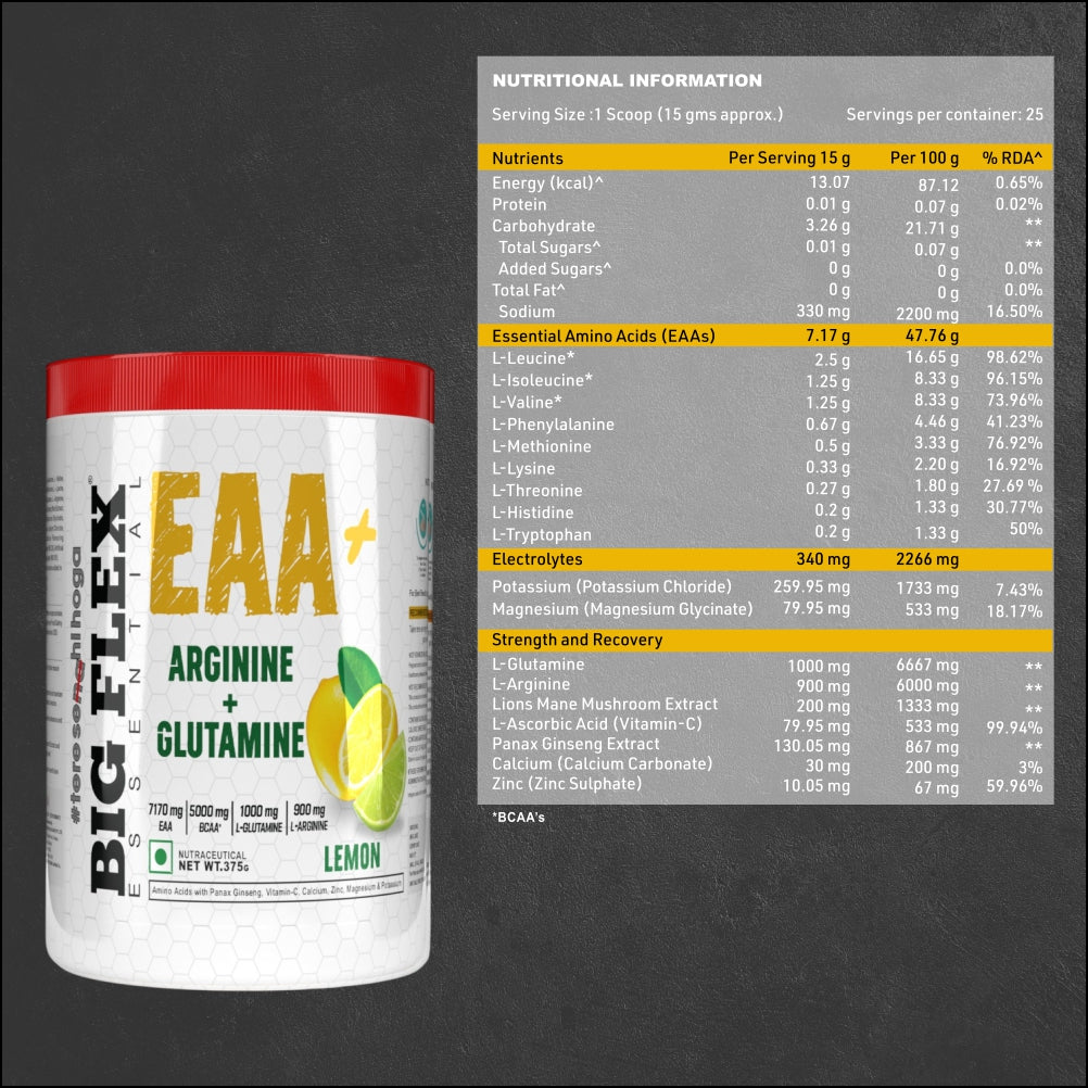 Bigflex EAA + BCAA with Glutamine | Arginine | Lions Mane Ext | Panax Ginseng | For Maximum Recovery & Pump + Free Creatine 250g (83 Servings)