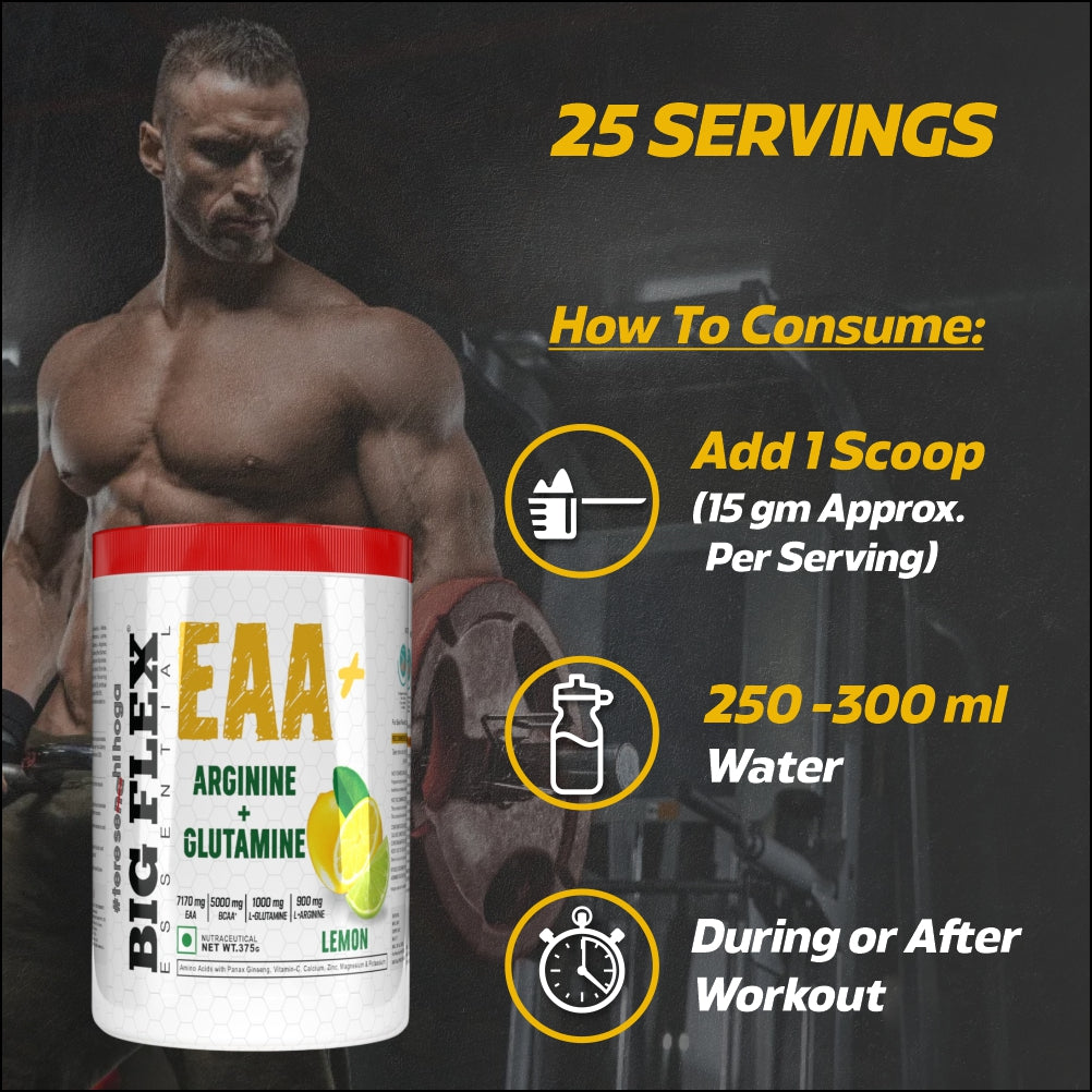 Bigflex EAA + BCAA with Glutamine | Arginine | Lions Mane Ext | Panax Ginseng | For Maximum Recovery & Pump + Free Creatine 250g (83 Servings)