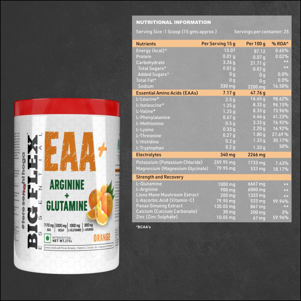 Bigflex EAA + BCAA with Glutamine | Arginine | Lions Mane Ext | Panax Ginseng | For Maximum Recovery & Pump + Free Creatine 250g (83 Servings)