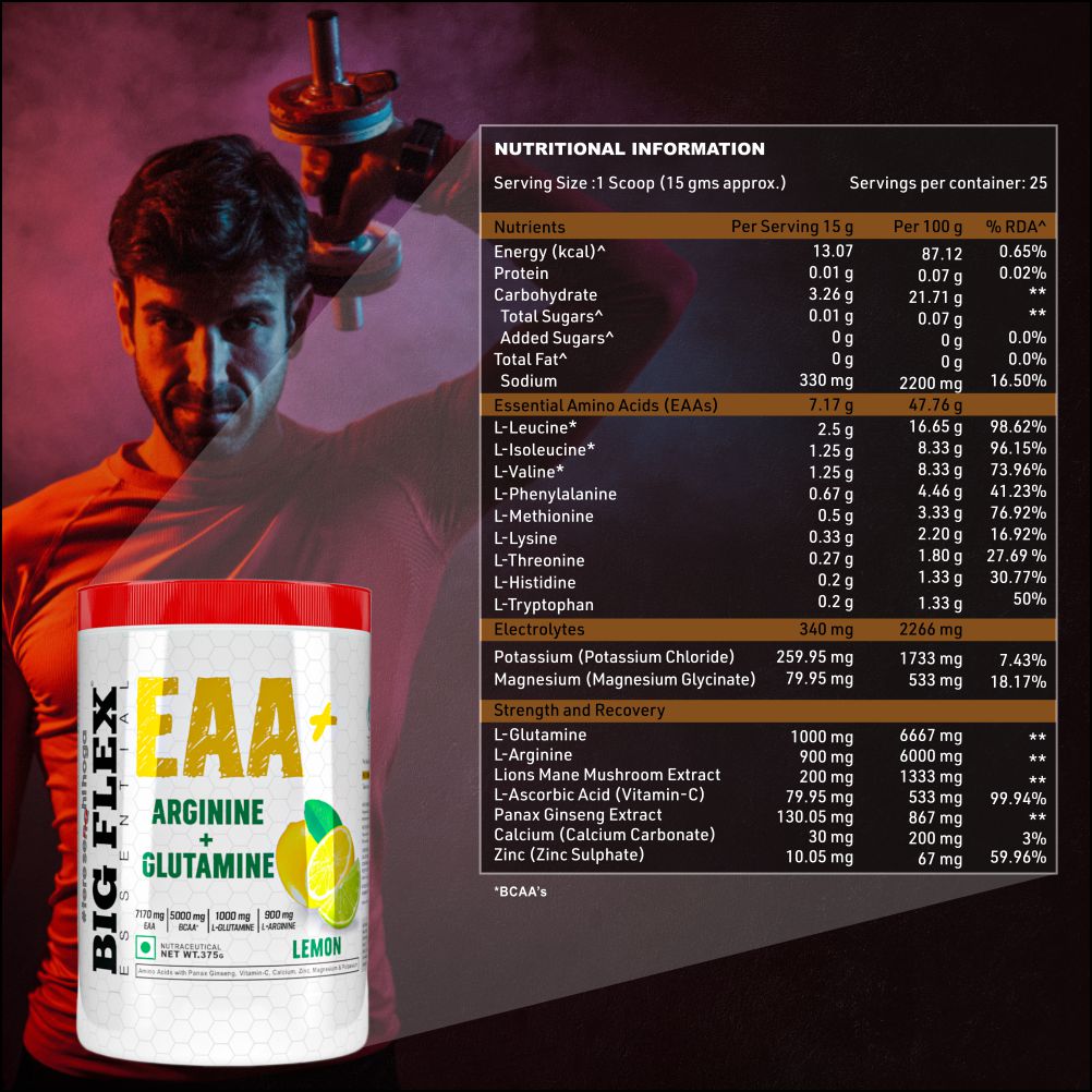 Bigflex EAA + BCAA with Glutamine | Arginine | Lions Mane Ext | Panax Ginseng | For Maximum Recovery & Pump + Free Warfare Creatine 450g (Orange) (30 Servings)