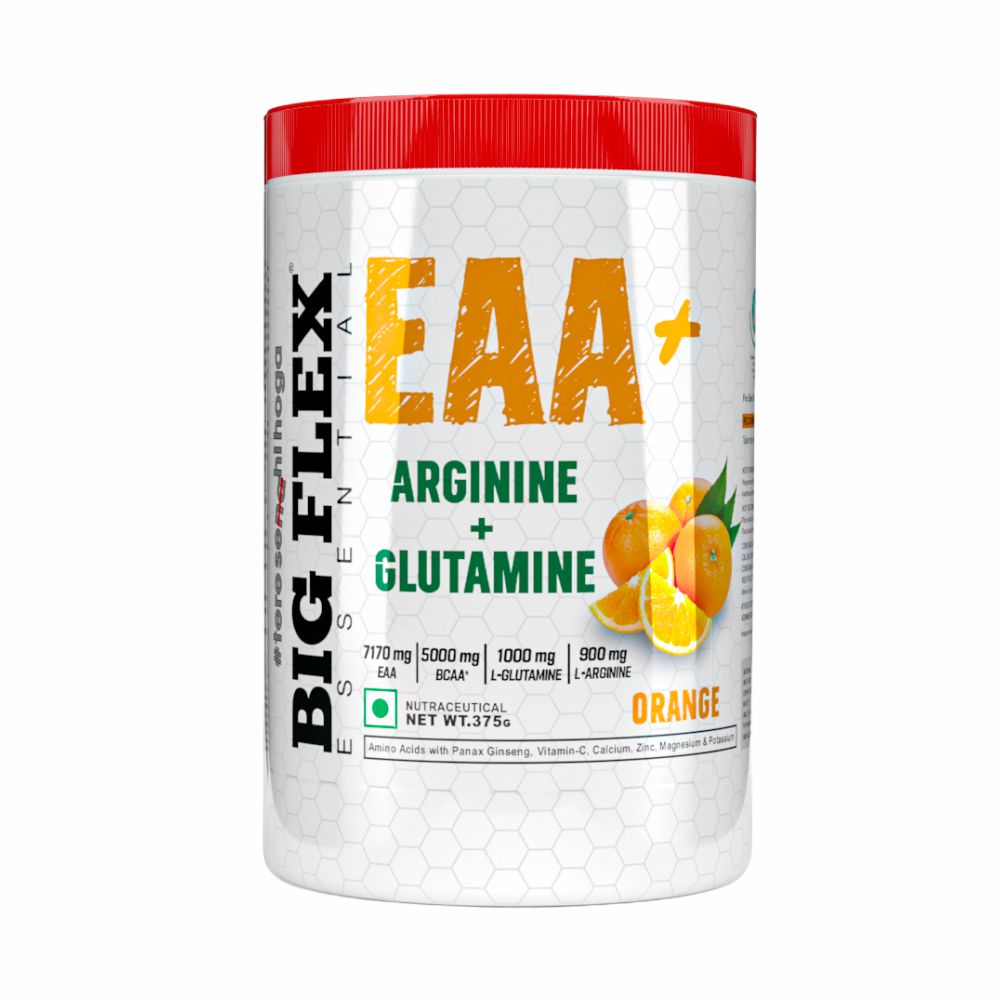 Bigflex EAA + BCAA with Glutamine | Arginine | Lions Mane Ext | Panax Ginseng | For Maximum Recovery & Pump + Free Warfare Creatine 450g (Orange) (30 Servings)