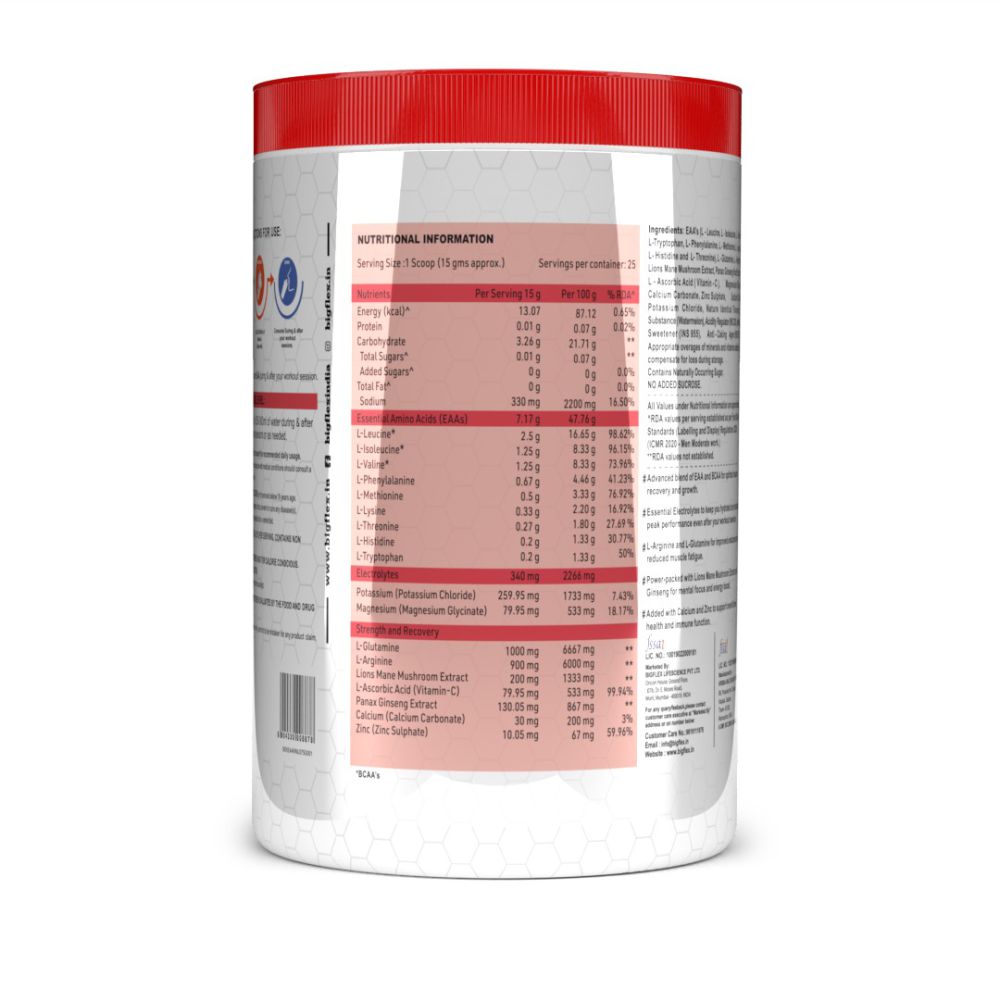 Bigflex EAA + BCAA with Glutamine | Arginine | Lions Mane Ext | Panax Ginseng | For Maximum Recovery & Pump + Free Warfare Creatine 450g (Orange) (30 Servings)