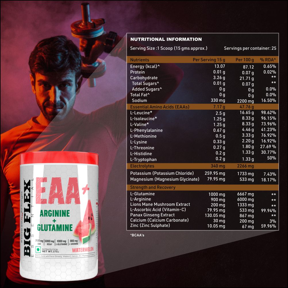 Bigflex EAA + BCAA with Glutamine | Arginine | Lions Mane Ext | Panax Ginseng | For Maximum Recovery & Pump + Free Warfare Creatine 450g (Orange) (30 Servings)
