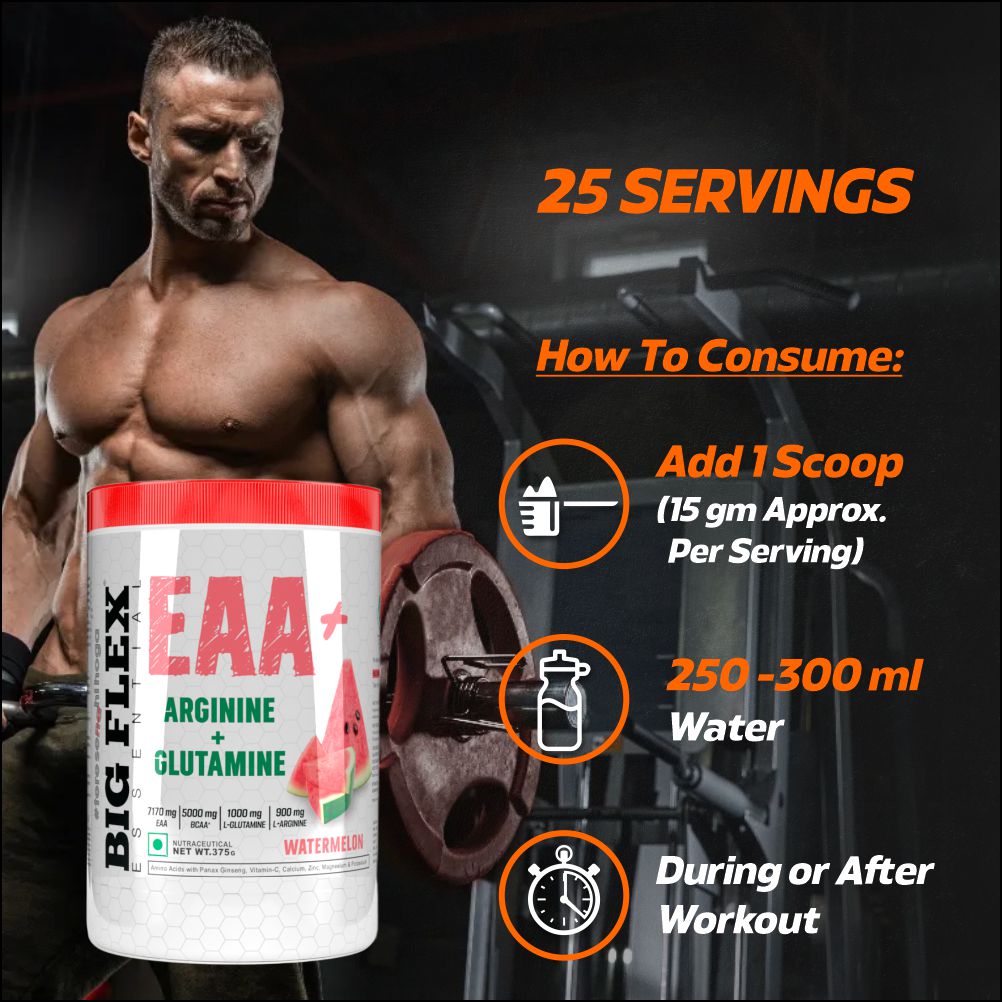 Bigflex EAA + BCAA with Glutamine | Arginine | Lions Mane Ext | Panax Ginseng | For Maximum Recovery & Pump + Free Warfare Creatine 450g (Orange) (30 Servings)