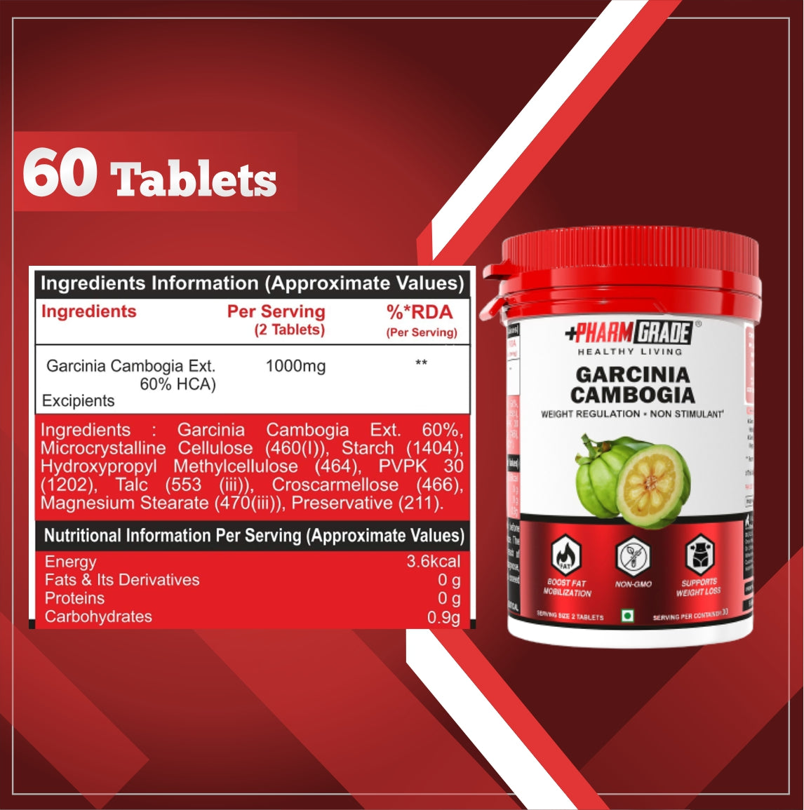 PharmGrade Healthy Living Garcinia Cambogia 1000mg - 60 Tabs (Expiry - Nov 2024)