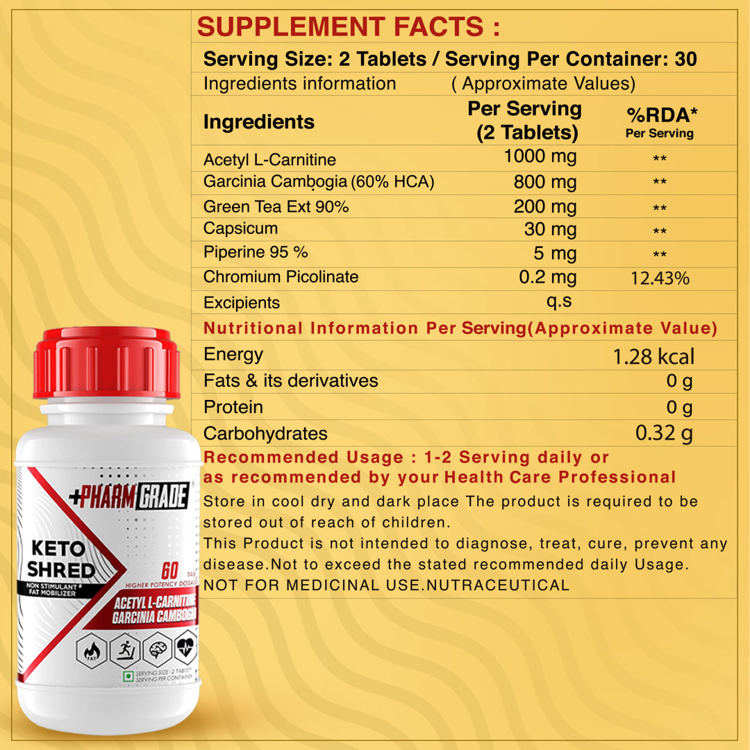 PharmGrade Keto Shred | 1000mg Acetyl-L-Carnitine, 800mg Garcinia Cambogia, 200mg Green Tea Extract - Veg - 60 Tabs