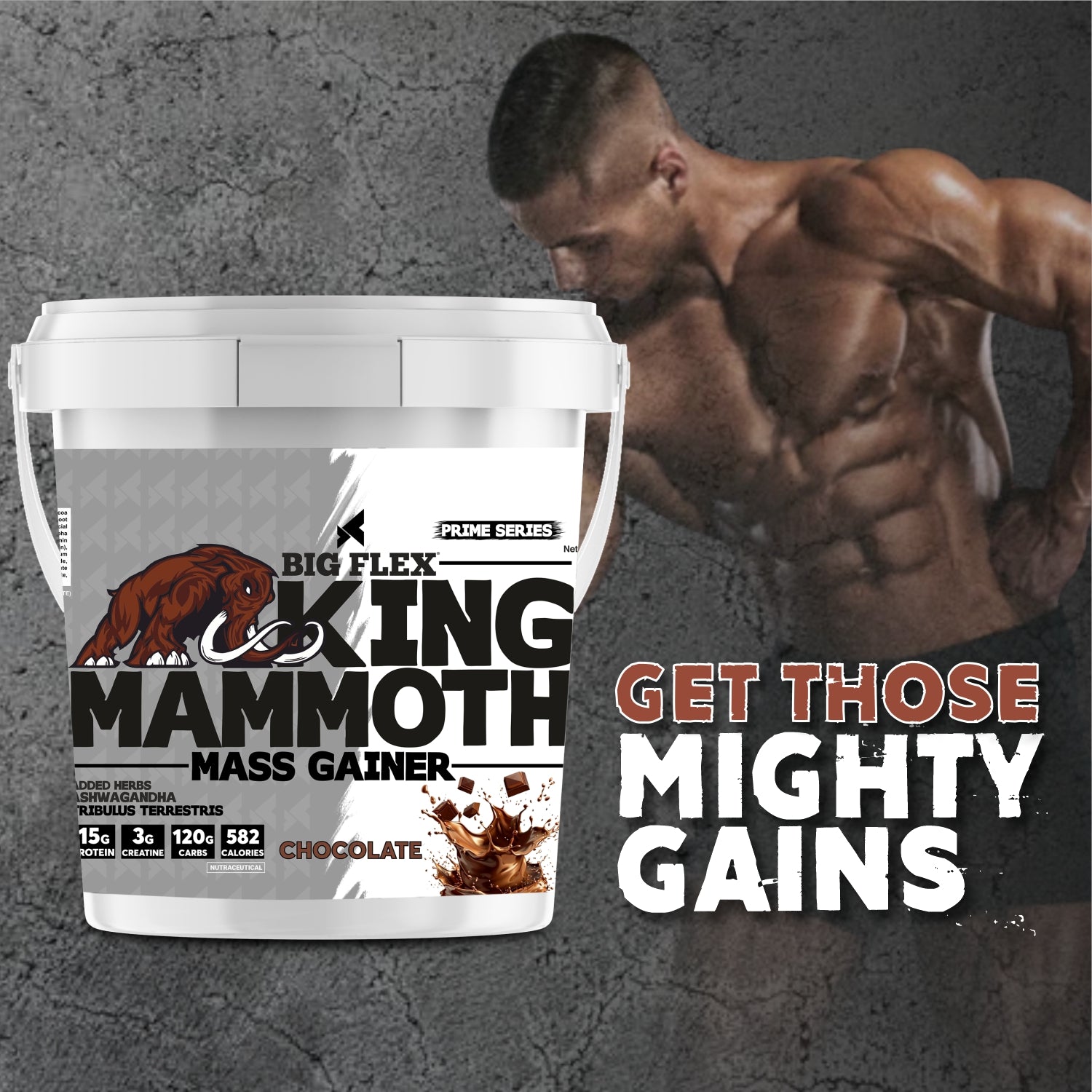 Bigflex King Mammoth Mass Gainer | High Protein and High Calorie Mass Gainer, Weight Gainer | 572 Calories | 15G Protein | 3G Creatine | 250mg Tribulus Terrestris | 250mg Ashwagandha & 750mg L-Taurine - Chocolate