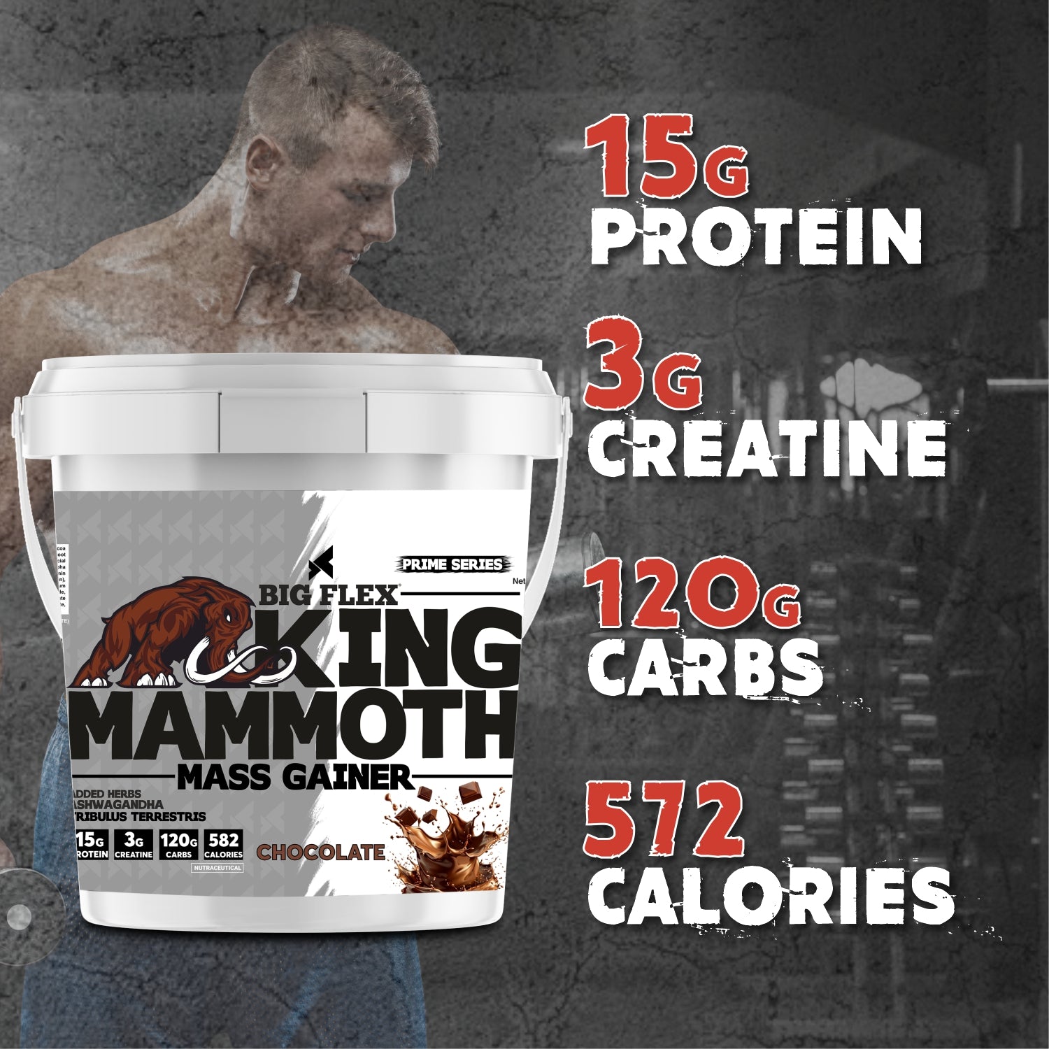 Bigflex King Mammoth Mass Gainer | High Protein and High Calorie Mass Gainer, Weight Gainer | 572 Calories | 15G Protein | 3G Creatine | 250mg Tribulus Terrestris | 250mg Ashwagandha & 750mg L-Taurine - Chocolate