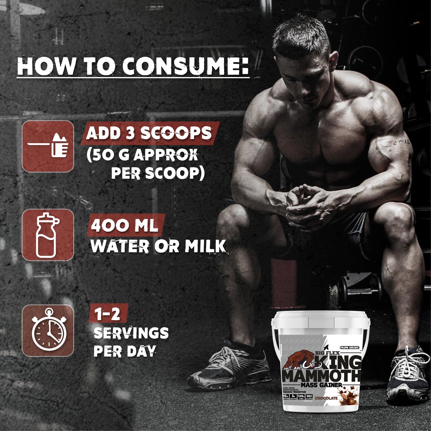 Bigflex King Mammoth Mass Gainer | High Protein and High Calorie Mass Gainer, Weight Gainer | 572 Calories | 15G Protein | 3G Creatine | 250mg Tribulus Terrestris | 250mg Ashwagandha & 750mg L-Taurine - Chocolate