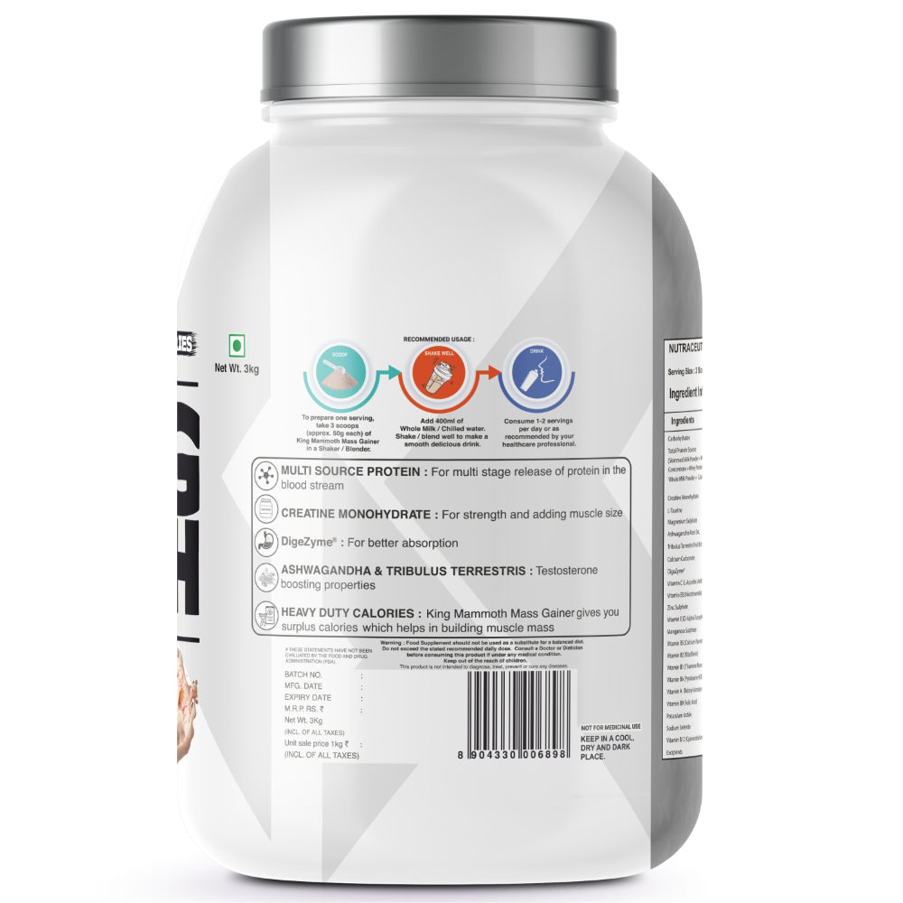 Bigflex King Mammoth Mass Gainer | High Protein and High Calorie Mass Gainer, Weight Gainer | 572 Calories | 15G Protein | 3G Creatine | 250mg Tribulus Terrestris | 250mg Ashwagandha & 750mg L-Taurine