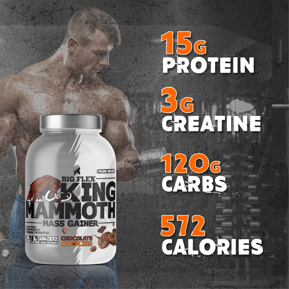 Bigflex King Mammoth Mass Gainer | High Protein and High Calorie Mass Gainer, Weight Gainer | 572 Calories | 15G Protein | 3G Creatine | 250mg Tribulus Terrestris | 250mg Ashwagandha & 750mg L-Taurine
