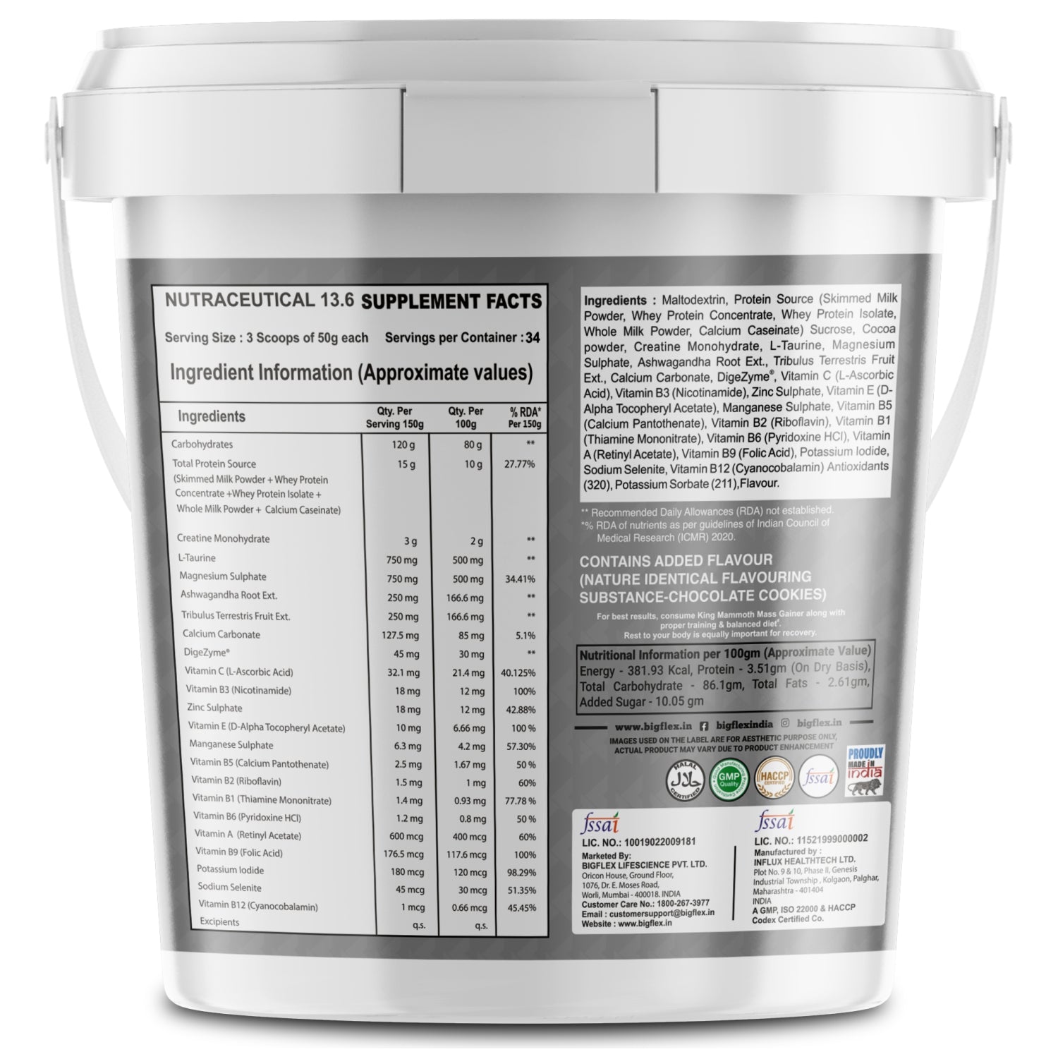 Bigflex King Mammoth Mass Gainer | High Protein and High Calorie Mass Gainer, Weight Gainer | 572 Calories | 15G Protein | 3G Creatine | 250mg Tribulus Terrestris | 250mg Ashwagandha & 750mg L-Taurine