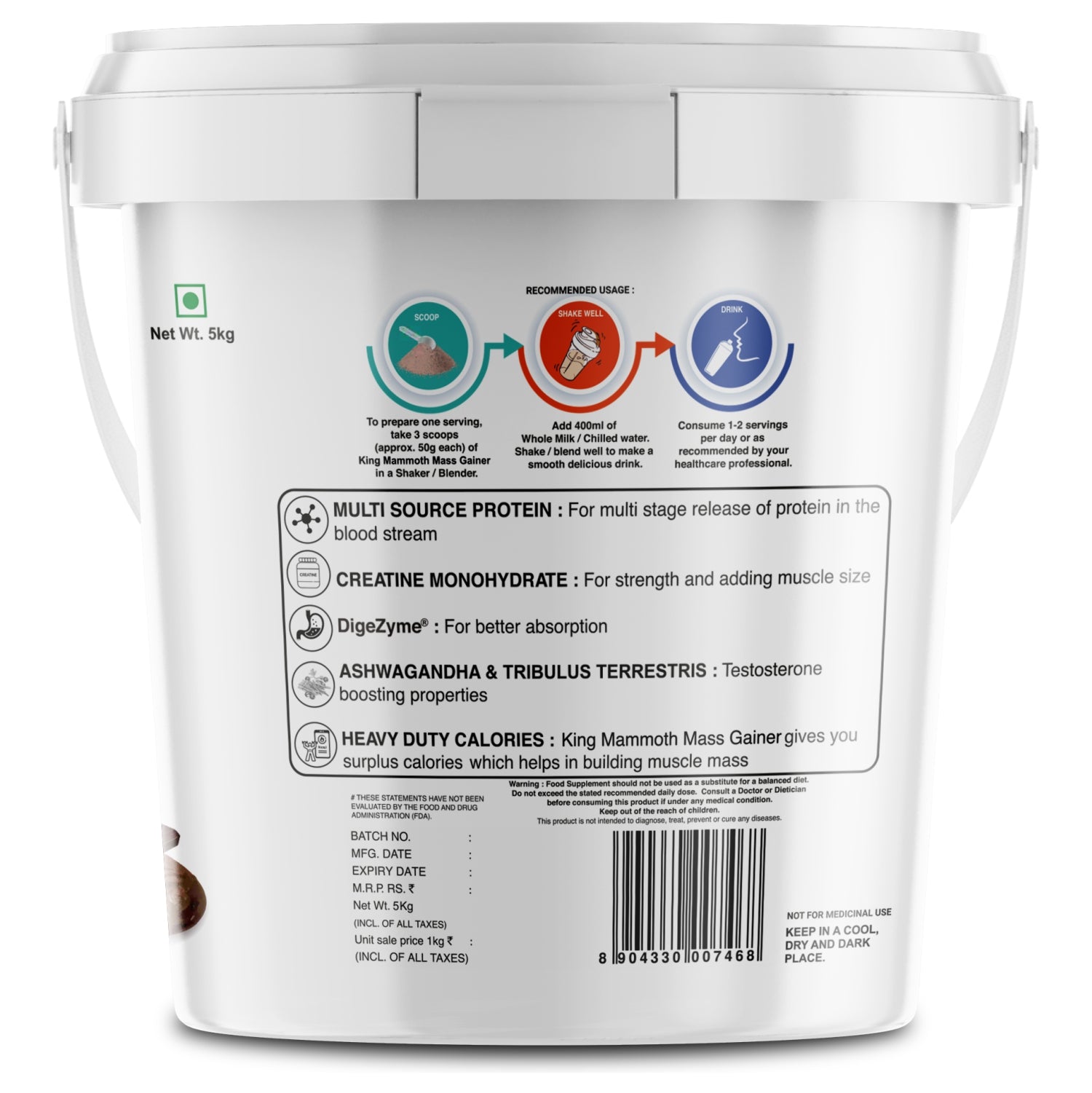 Bigflex King Mammoth Mass Gainer | High Protein and High Calorie Mass Gainer, Weight Gainer | 572 Calories | 15G Protein | 3G Creatine | 250mg Tribulus Terrestris | 250mg Ashwagandha & 750mg L-Taurine