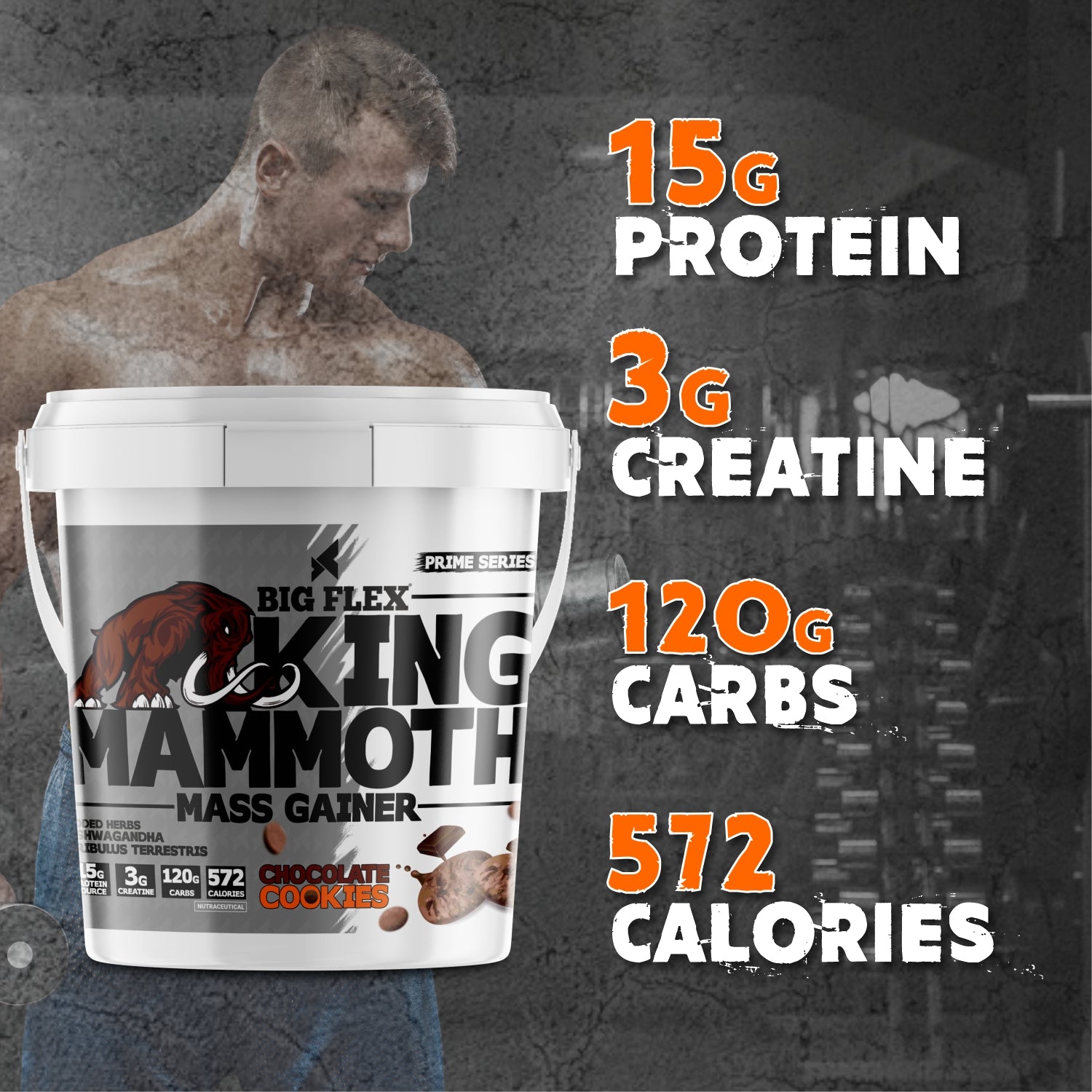 Bigflex King Mammoth Mass Gainer | High Protein and High Calorie Mass Gainer, Weight Gainer | 572 Calories | 15G Protein | 3G Creatine | 250mg Tribulus Terrestris | 250mg Ashwagandha & 750mg L-Taurine