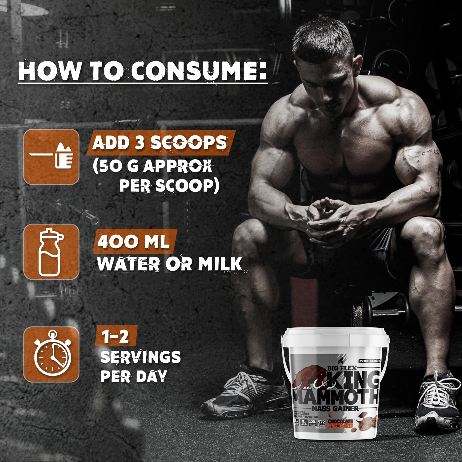 Bigflex King Mammoth Mass Gainer | High Protein and High Calorie Mass Gainer, Weight Gainer | 572 Calories | 15G Protein | 3G Creatine | 250mg Tribulus Terrestris | 250mg Ashwagandha & 750mg L-Taurine