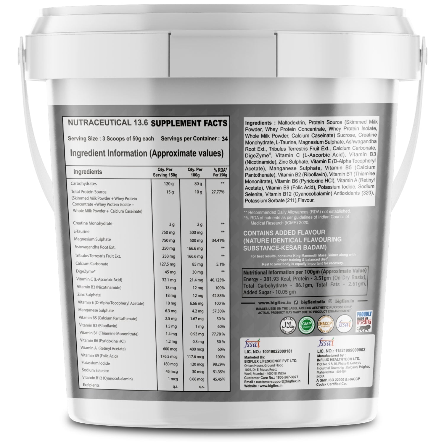 Bigflex King Mammoth Mass Gainer | High Protein and High Calorie Mass Gainer, Weight Gainer | 572 Calories | 15G Protein | 3G Creatine | 250mg Tribulus Terrestris | 250mg Ashwagandha & 750mg L-Taurine