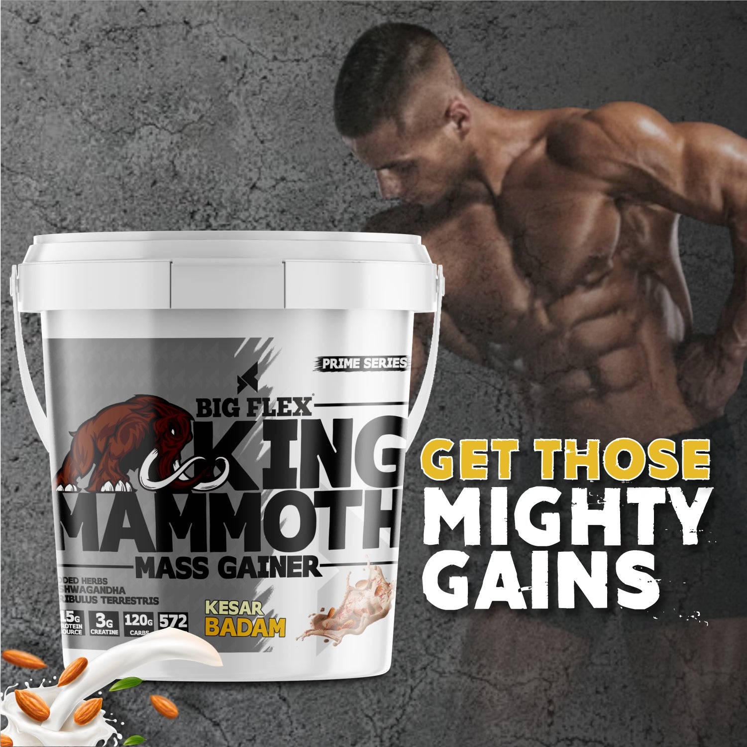 Bigflex King Mammoth Mass Gainer | High Protein and High Calorie Mass Gainer, Weight Gainer | 572 Calories | 15G Protein | 3G Creatine | 250mg Tribulus Terrestris | 250mg Ashwagandha & 750mg L-Taurine
