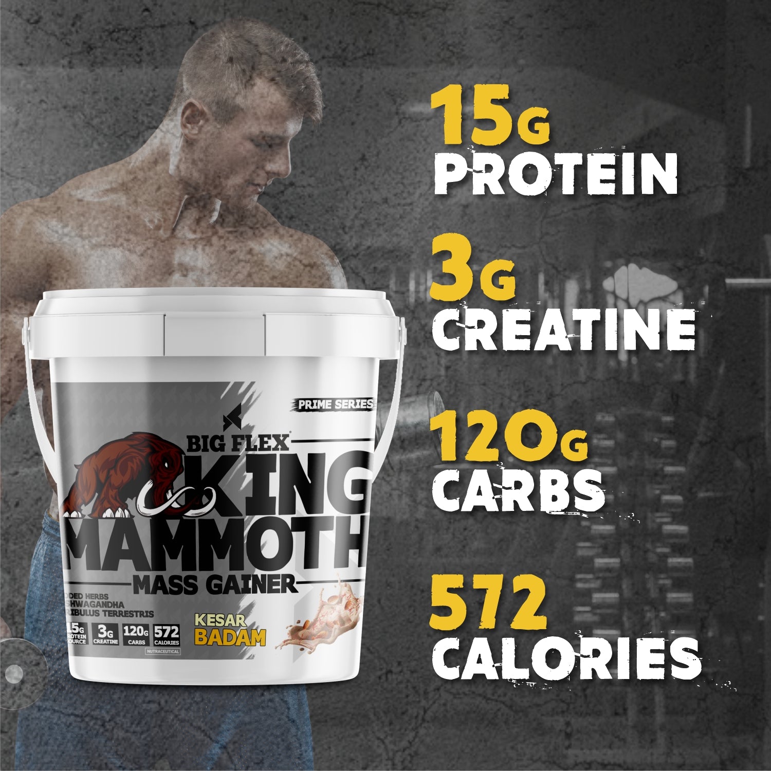Bigflex King Mammoth Mass Gainer | High Protein and High Calorie Mass Gainer, Weight Gainer | 572 Calories | 15G Protein | 3G Creatine | 250mg Tribulus Terrestris | 250mg Ashwagandha & 750mg L-Taurine