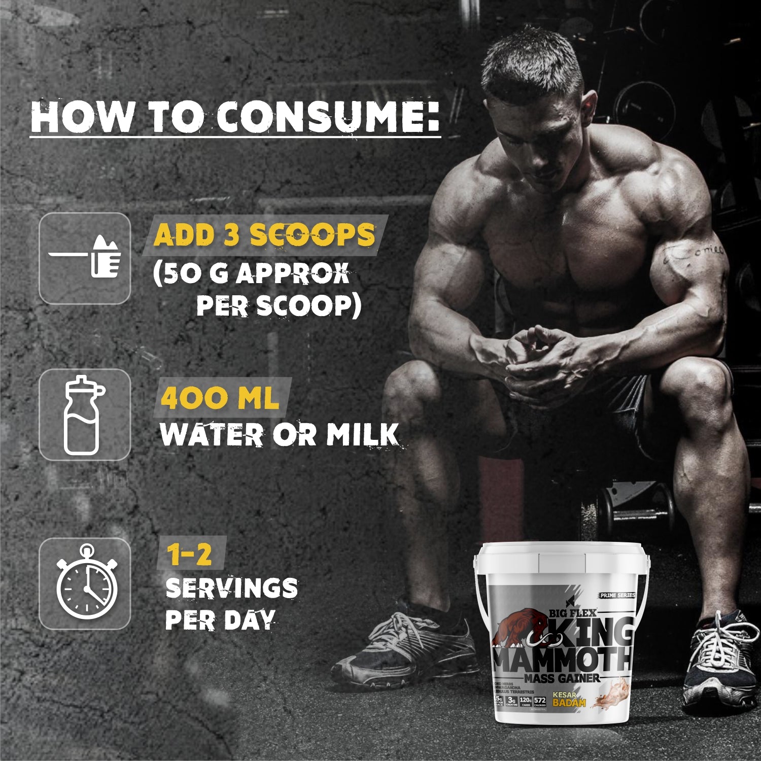 Bigflex King Mammoth Mass Gainer | High Protein and High Calorie Mass Gainer, Weight Gainer | 572 Calories | 15G Protein | 3G Creatine | 250mg Tribulus Terrestris | 250mg Ashwagandha & 750mg L-Taurine