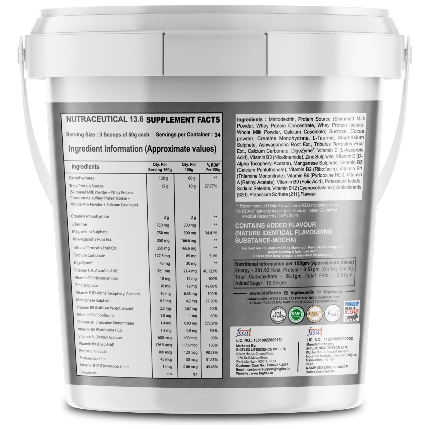 Bigflex King Mammoth Mass Gainer | High Protein and High Calorie Mass Gainer, Weight Gainer | 572 Calories | 15G Protein | 3G Creatine | 250mg Tribulus Terrestris | 250mg Ashwagandha & 750mg L-Taurine