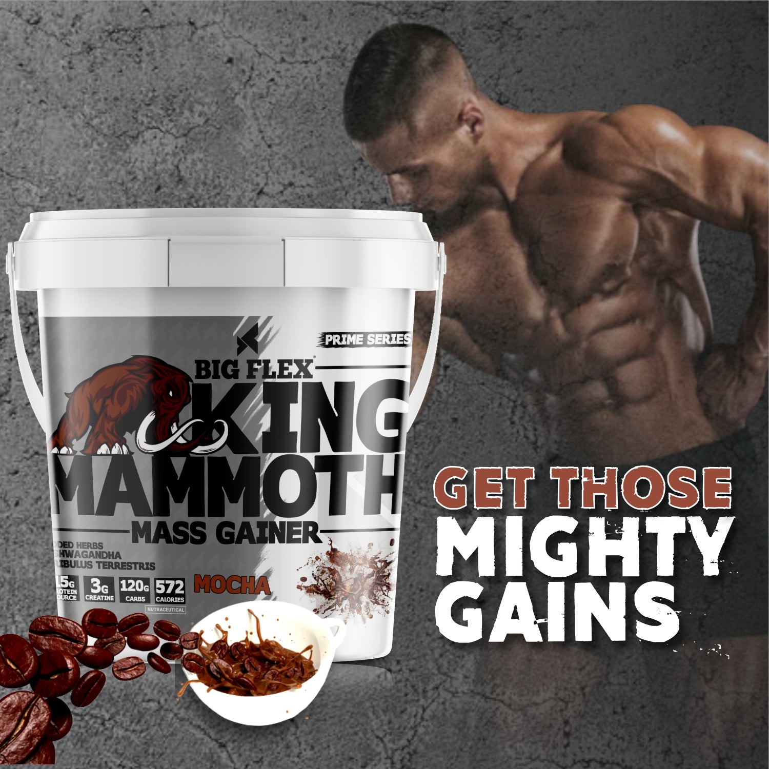 Bigflex King Mammoth Mass Gainer | High Protein and High Calorie Mass Gainer, Weight Gainer | 572 Calories | 15G Protein | 3G Creatine | 250mg Tribulus Terrestris | 250mg Ashwagandha & 750mg L-Taurine