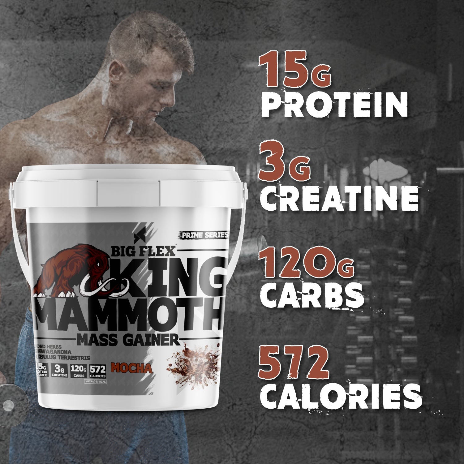 Bigflex King Mammoth Mass Gainer | High Protein and High Calorie Mass Gainer, Weight Gainer | 572 Calories | 15G Protein | 3G Creatine | 250mg Tribulus Terrestris | 250mg Ashwagandha & 750mg L-Taurine