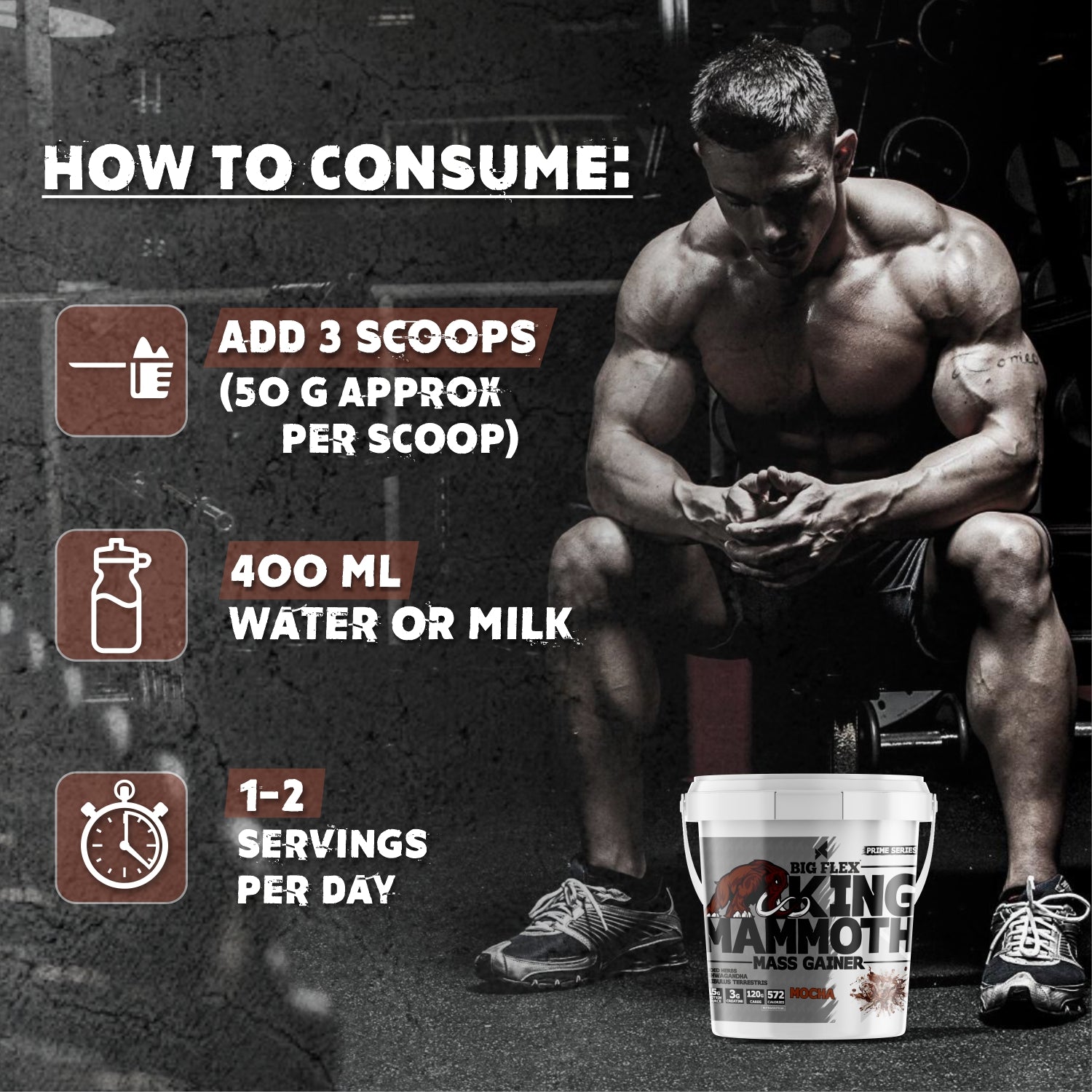Bigflex King Mammoth Mass Gainer | High Protein and High Calorie Mass Gainer, Weight Gainer | 572 Calories | 15G Protein | 3G Creatine | 250mg Tribulus Terrestris | 250mg Ashwagandha & 750mg L-Taurine