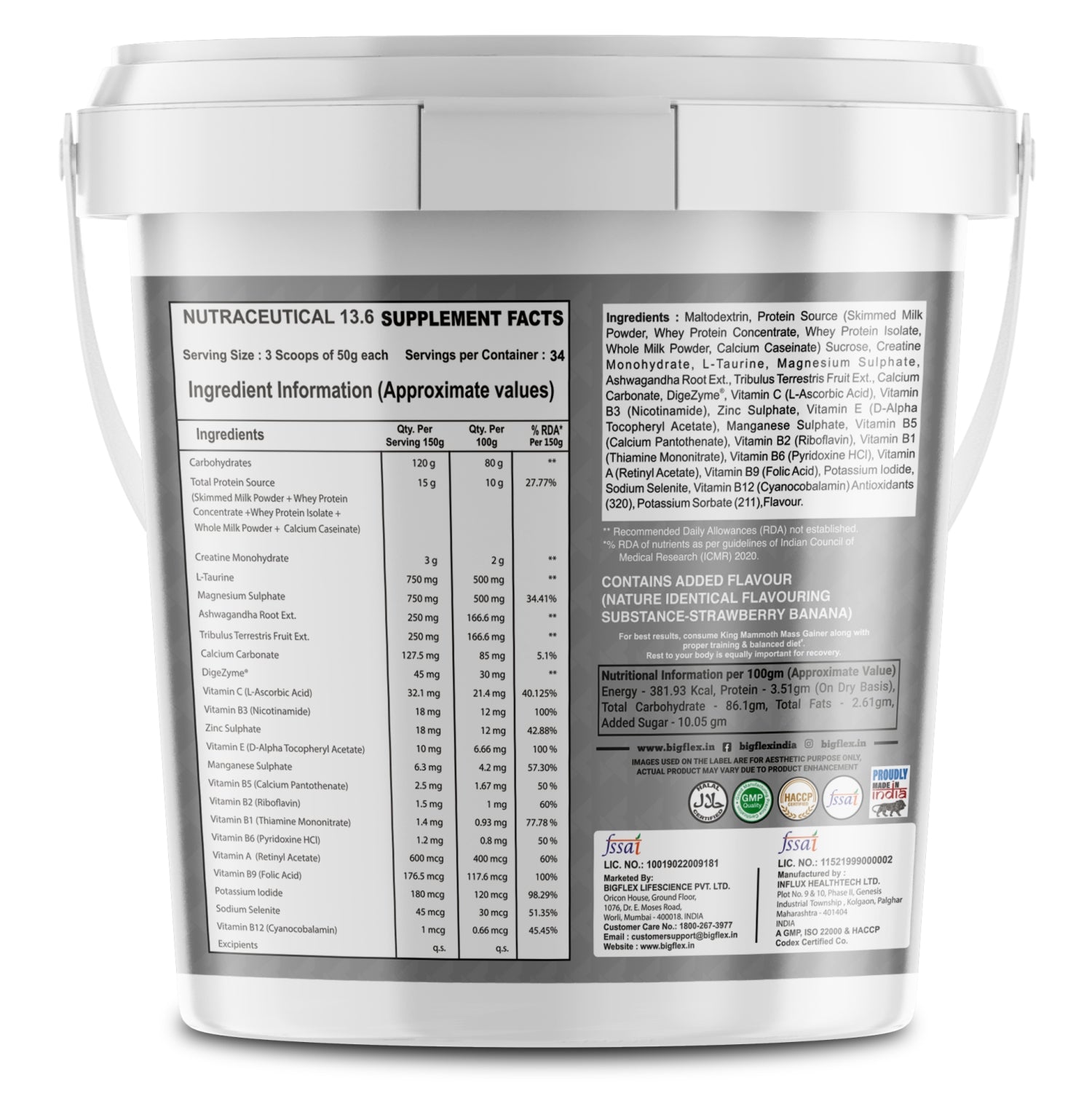 Bigflex King Mammoth Mass Gainer | High Protein and High Calorie Mass Gainer, Weight Gainer | 572 Calories | 15G Protein | 3G Creatine | 250mg Tribulus Terrestris | 250mg Ashwagandha & 750mg L-Taurine