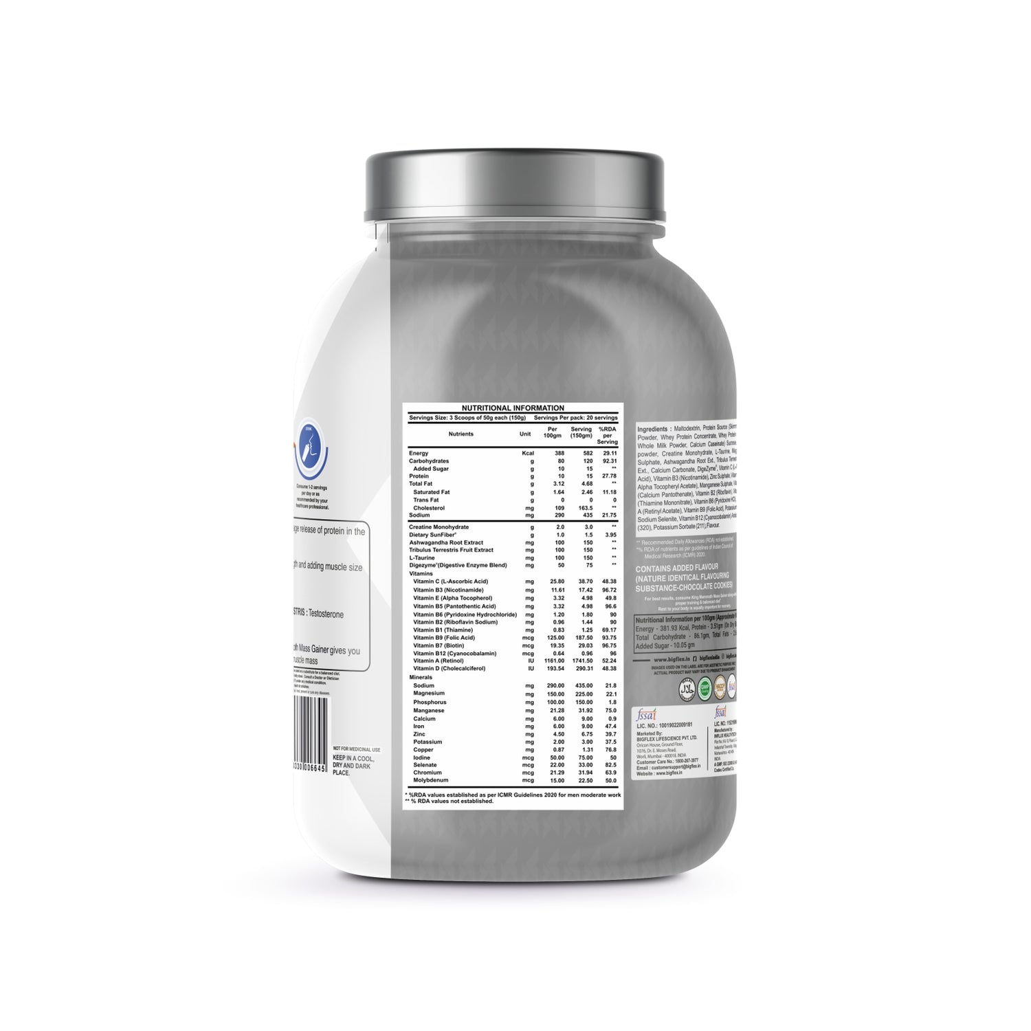 Bigflex King Mammoth Mass Gainer | High Protein and High Calorie Mass Gainer, Weight Gainer | 572 Calories | 15G Protein | 3G Creatine | 250mg Tribulus Terrestris | 250mg Ashwagandha & 750mg L-Taurine - Chocolate