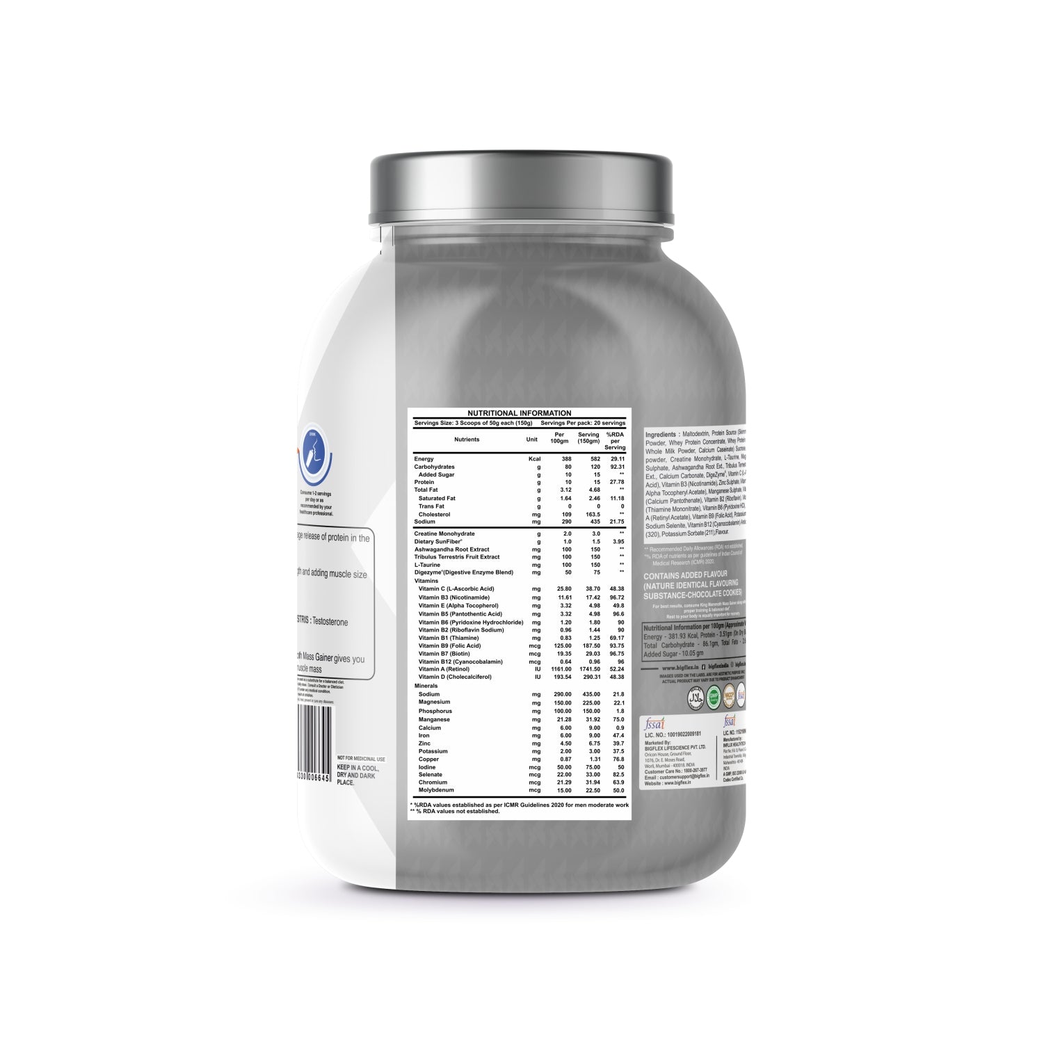 Bigflex King Mammoth Mass Gainer | High Protein and High Calorie Mass Gainer, Weight Gainer | 572 Calories | 15G Protein | 3G Creatine | 250mg Tribulus Terrestris | 250mg Ashwagandha & 750mg L-Taurine - Chocolate