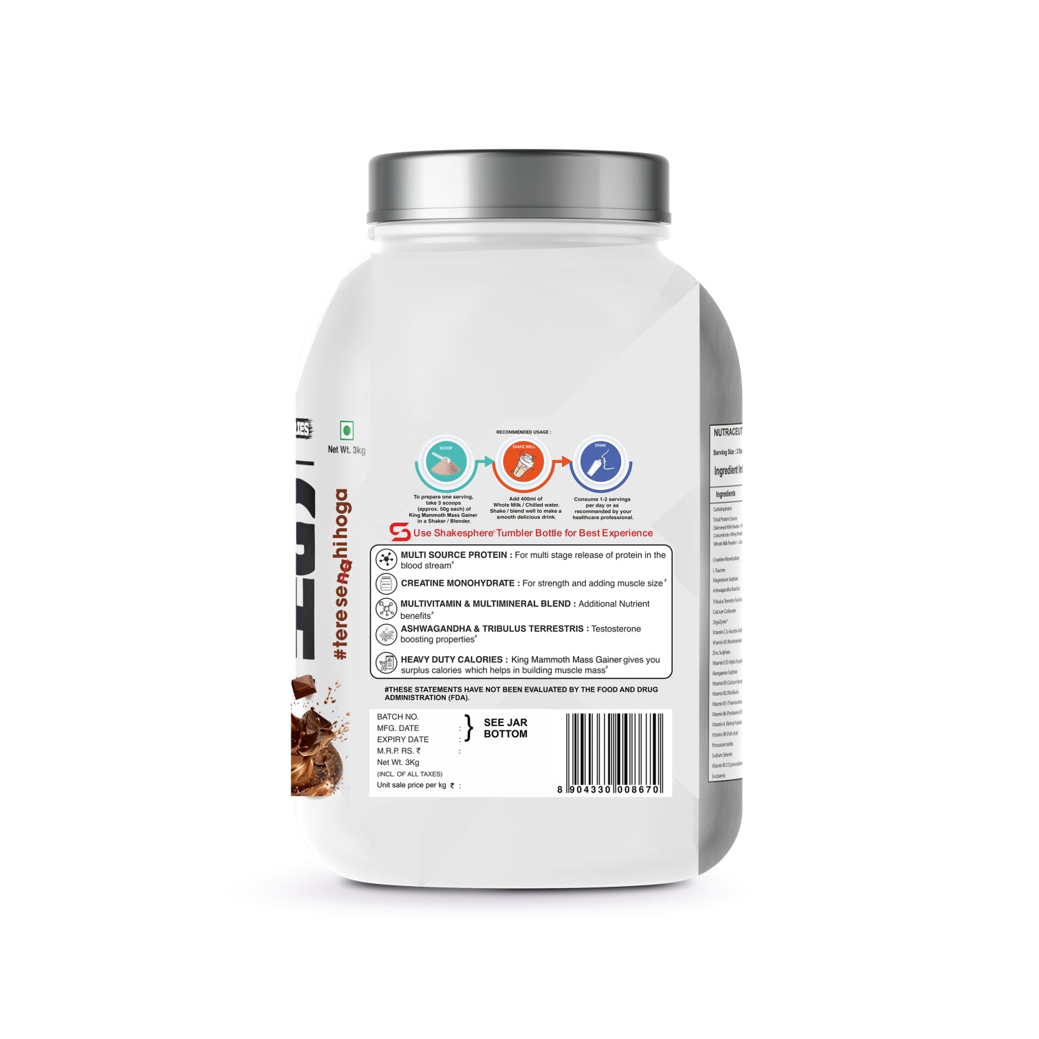 Bigflex King Mammoth Mass Gainer | High Protein and High Calorie Mass Gainer, Weight Gainer | 572 Calories | 15G Protein | 3G Creatine | 250mg Tribulus Terrestris | 250mg Ashwagandha & 750mg L-Taurine - Chocolate