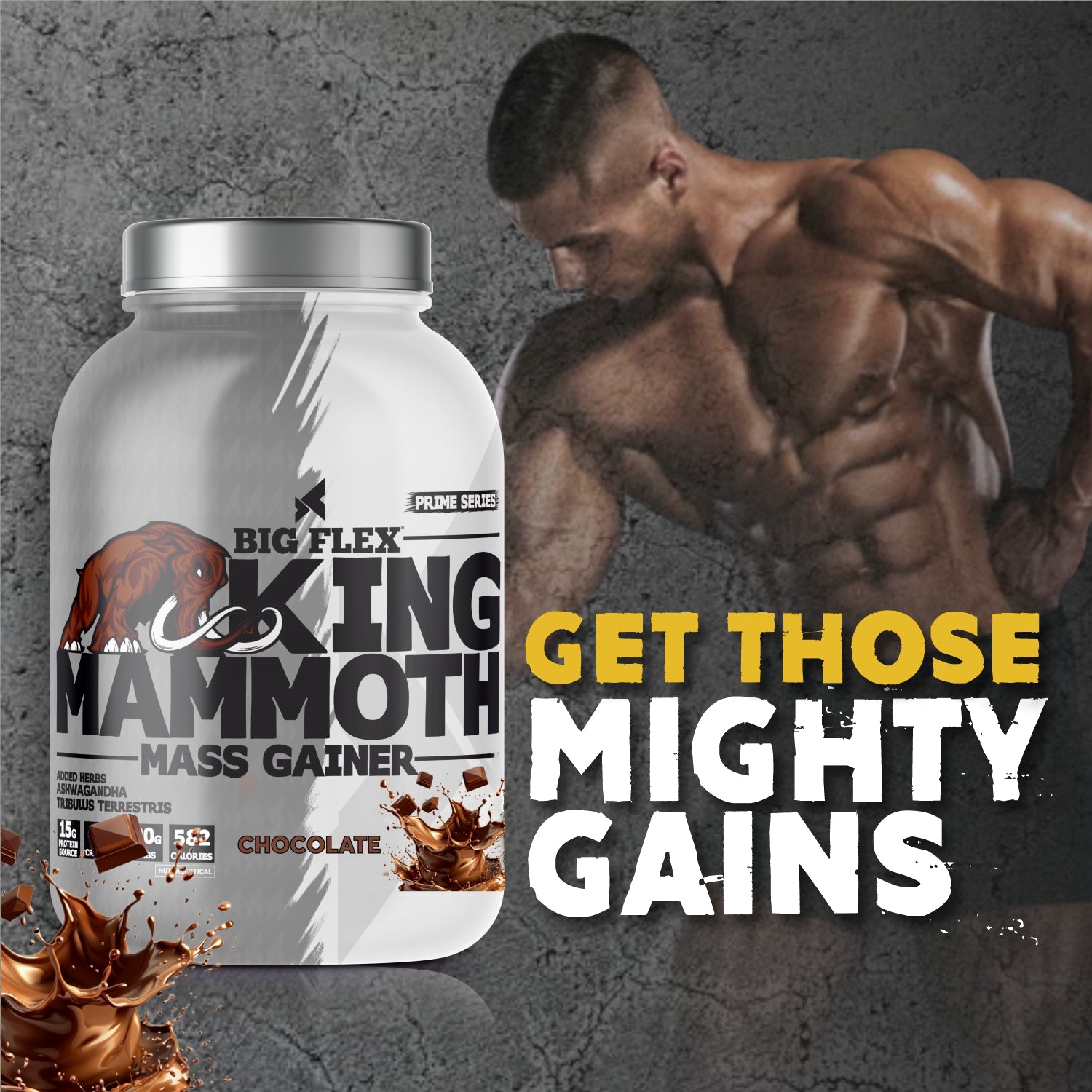Bigflex King Mammoth Mass Gainer | High Protein and High Calorie Mass Gainer, Weight Gainer | 572 Calories | 15G Protein | 3G Creatine | 250mg Tribulus Terrestris | 250mg Ashwagandha & 750mg L-Taurine - Chocolate