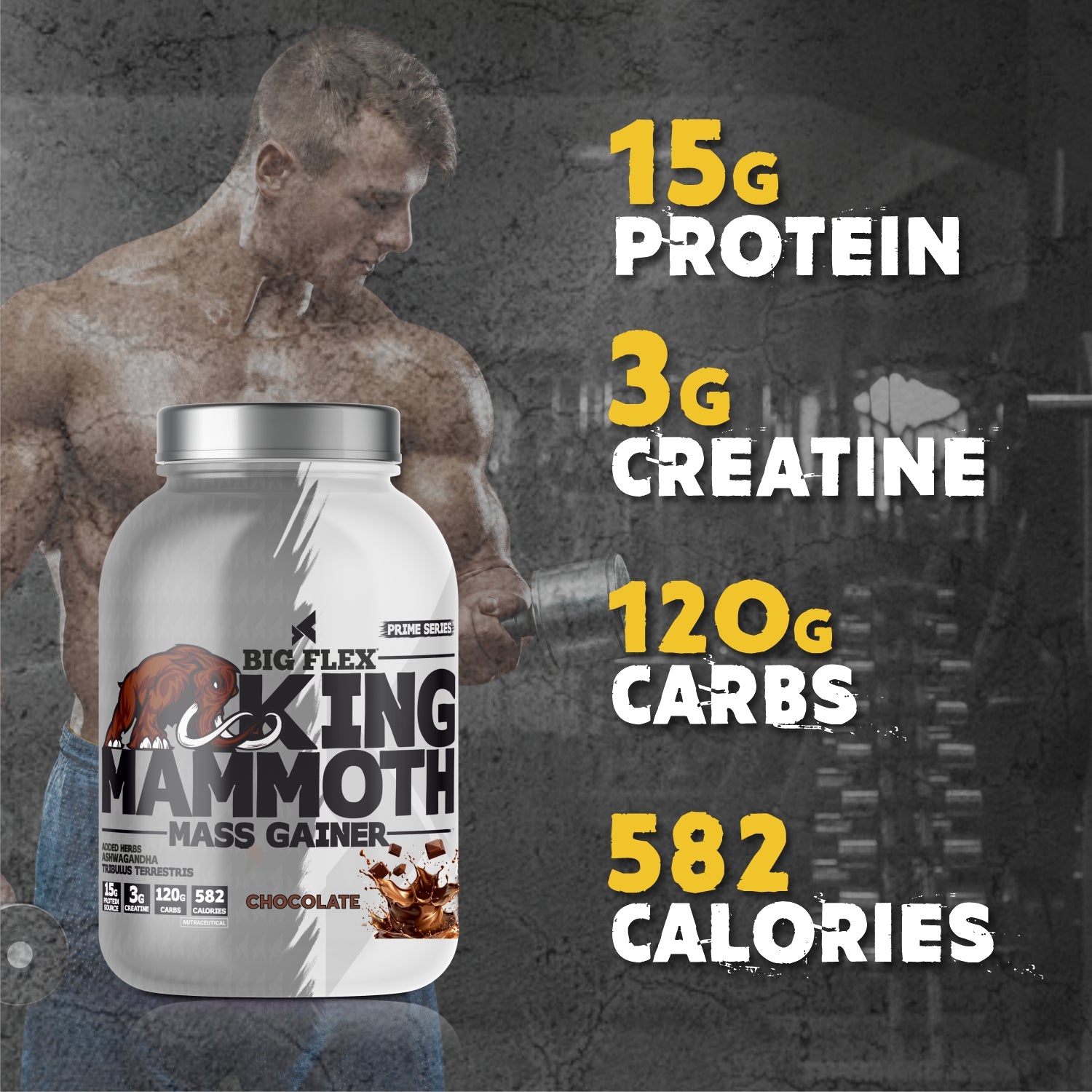 Bigflex King Mammoth Mass Gainer | High Protein and High Calorie Mass Gainer, Weight Gainer | 572 Calories | 15G Protein | 3G Creatine | 250mg Tribulus Terrestris | 250mg Ashwagandha & 750mg L-Taurine - Chocolate