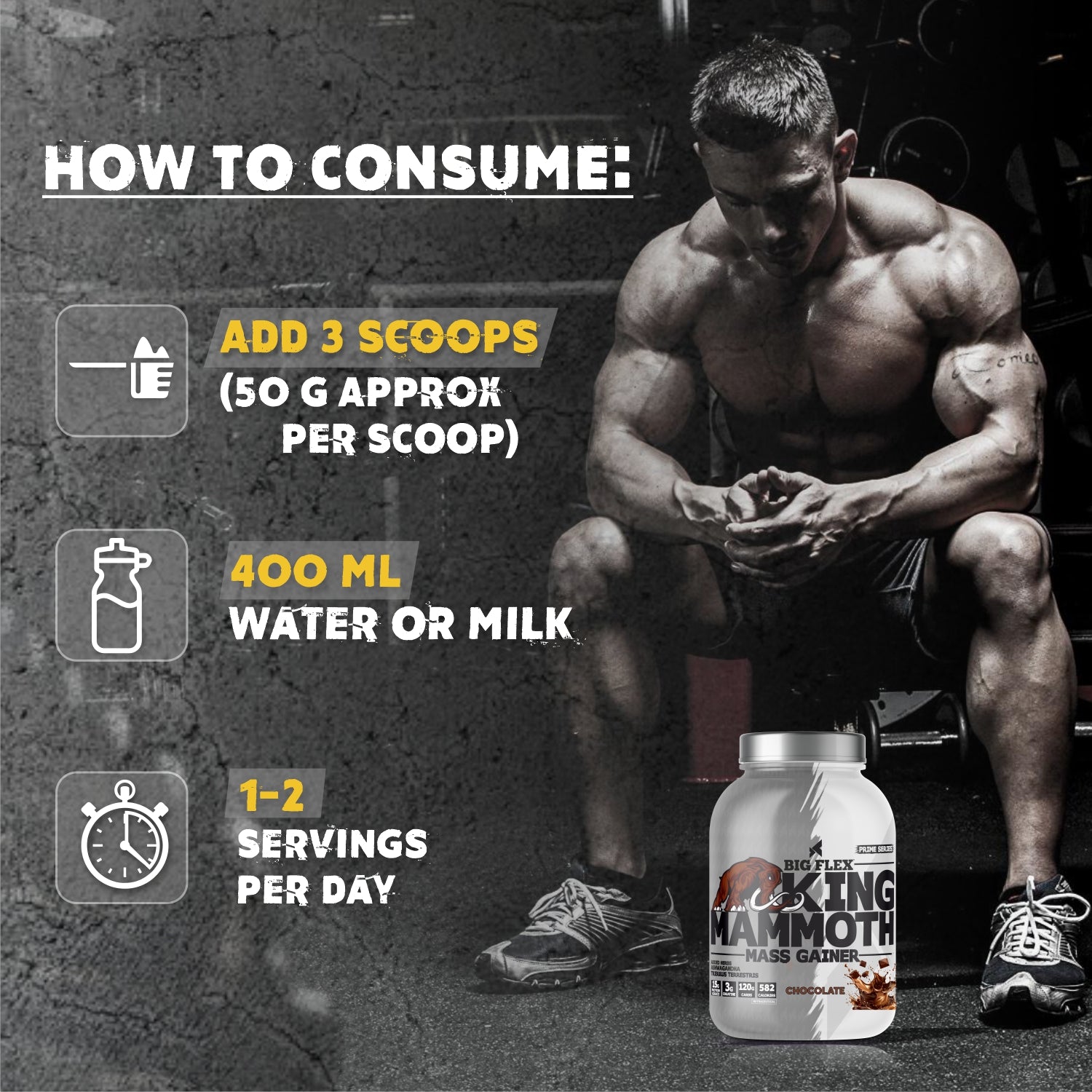 Bigflex King Mammoth Mass Gainer | High Protein and High Calorie Mass Gainer, Weight Gainer | 572 Calories | 15G Protein | 3G Creatine | 250mg Tribulus Terrestris | 250mg Ashwagandha & 750mg L-Taurine - Chocolate