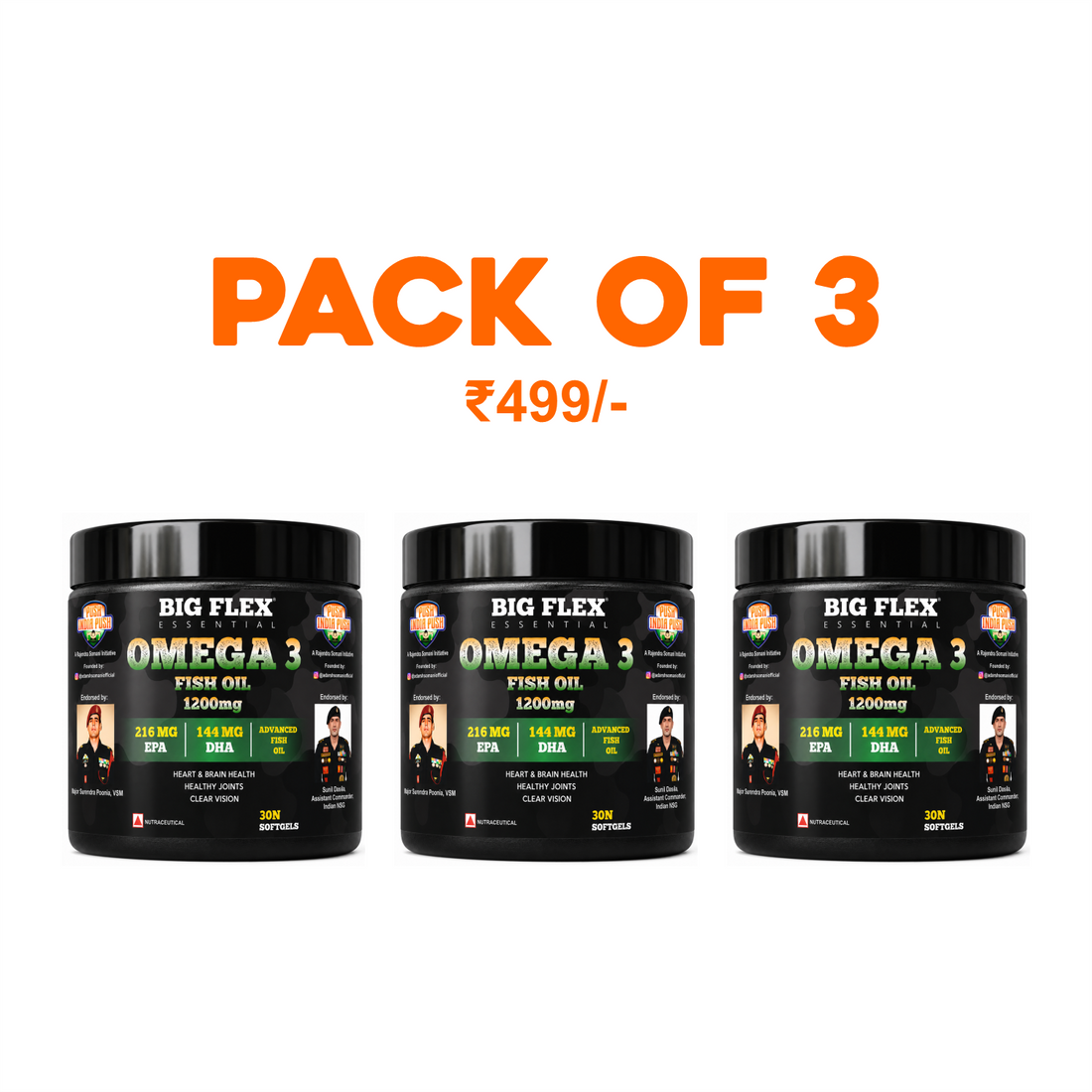 Bigflex Desh ka Omega 3 1200mg Capsules with EPA 216mg and DHA 144mg - Supports Muscle Recovery, Heart Health, Hair, Joints, Eyes and Brain 90 Servings