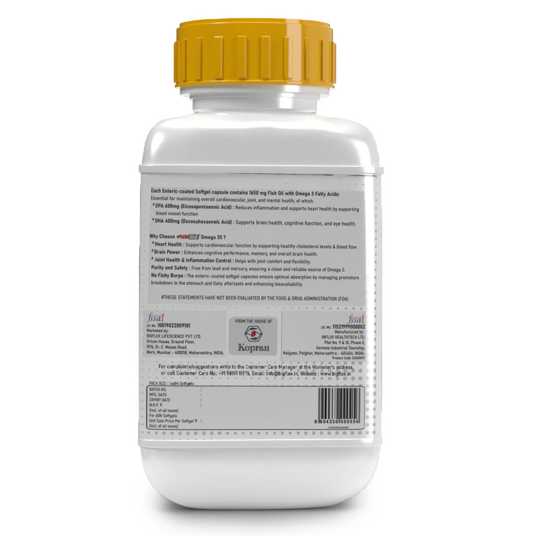 PharmGrade Omega 3X Fish Oil 1650mg Enteric Coated Capsules with EPA 600mg and DHA 400mg - Supports Muscle Recovery, Heart Health, Hair, Joints, Eyes and Brain - 60 Caps