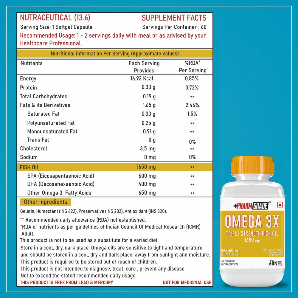 PharmGrade Omega 3X Fish Oil 1650mg Enteric Coated Capsules with EPA 600mg and DHA 400mg - Supports Muscle Recovery, Heart Health, Hair, Joints, Eyes and Brain - 60 Caps