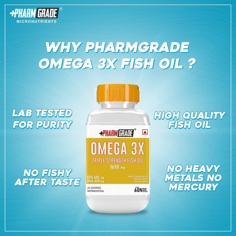 PharmGrade Omega 3X Fish Oil 1650mg Enteric Coated Capsules with EPA 600mg and DHA 400mg - Supports Muscle Recovery, Heart Health, Hair, Joints, Eyes and Brain - 60 Caps