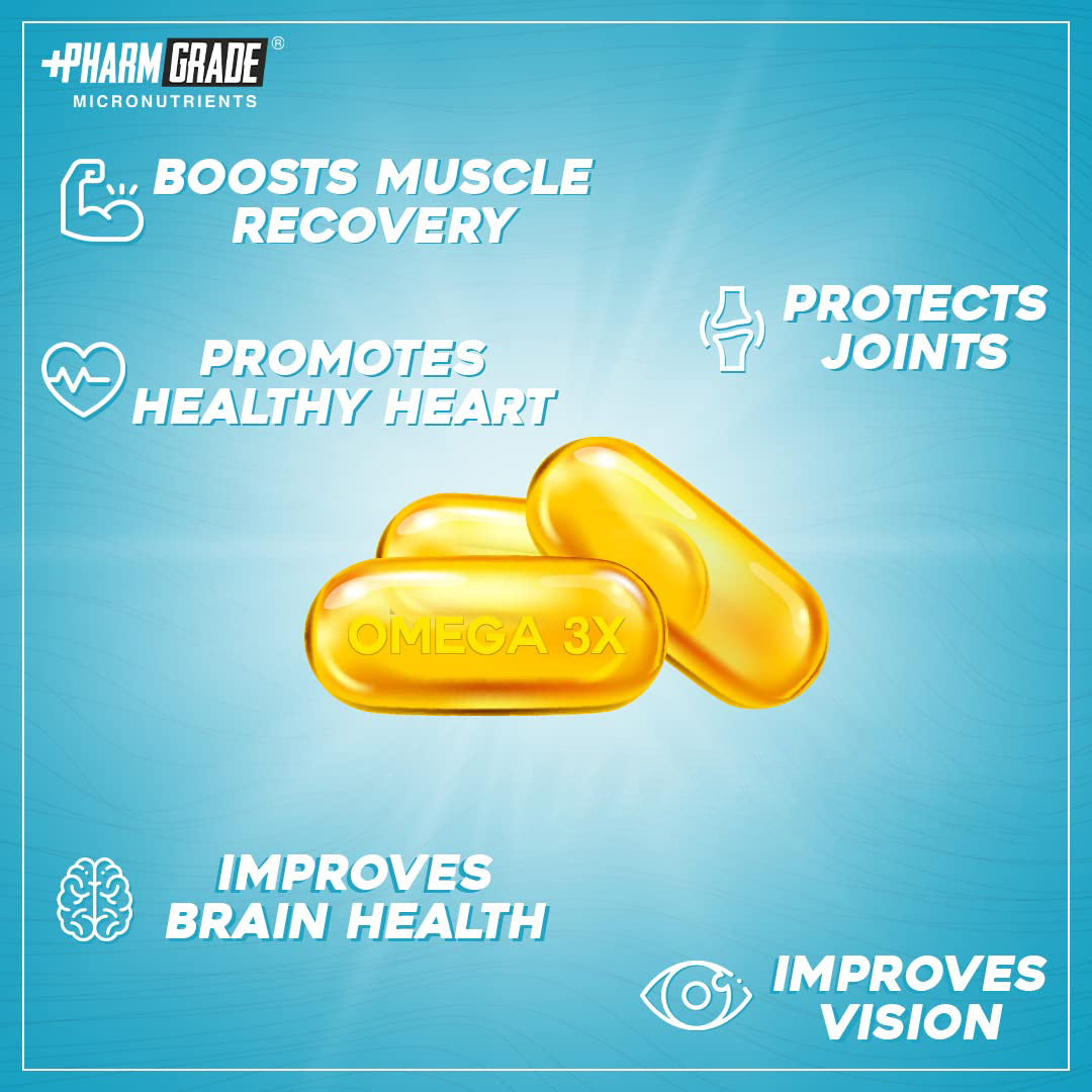 PharmGrade Omega 3X Fish Oil 1650mg Enteric Coated Capsules with EPA 600mg and DHA 400mg - Supports Muscle Recovery, Heart Health, Hair, Joints, Eyes and Brain - 60 Caps