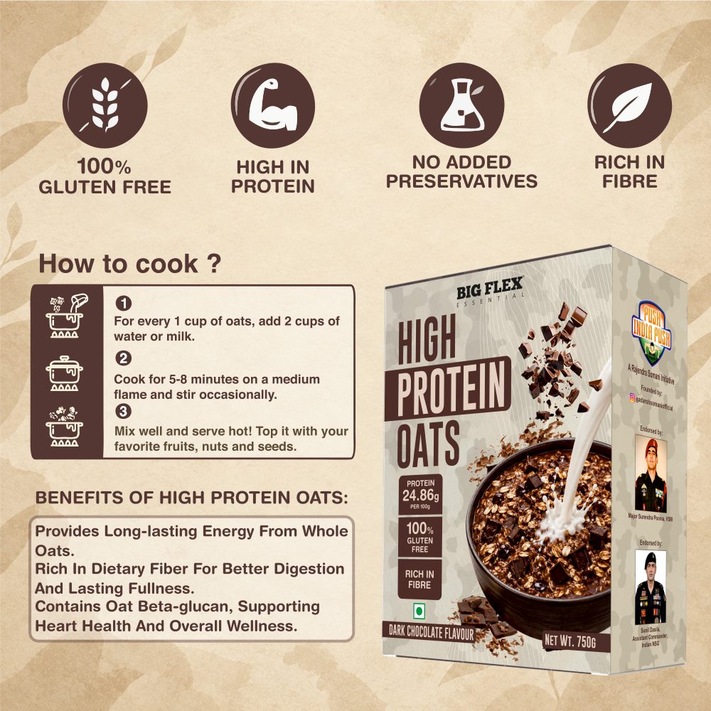 Bigflex 25g High Protein Oats Dark Chocolate 750g – Rolled Oats, Protein Blend, Jaggery Powder, Cocoa Powder, Nuts & Seeds – 25g Protein, Source of Dietary Fibre & Healthy Fats, No Refined Sugar & Salt