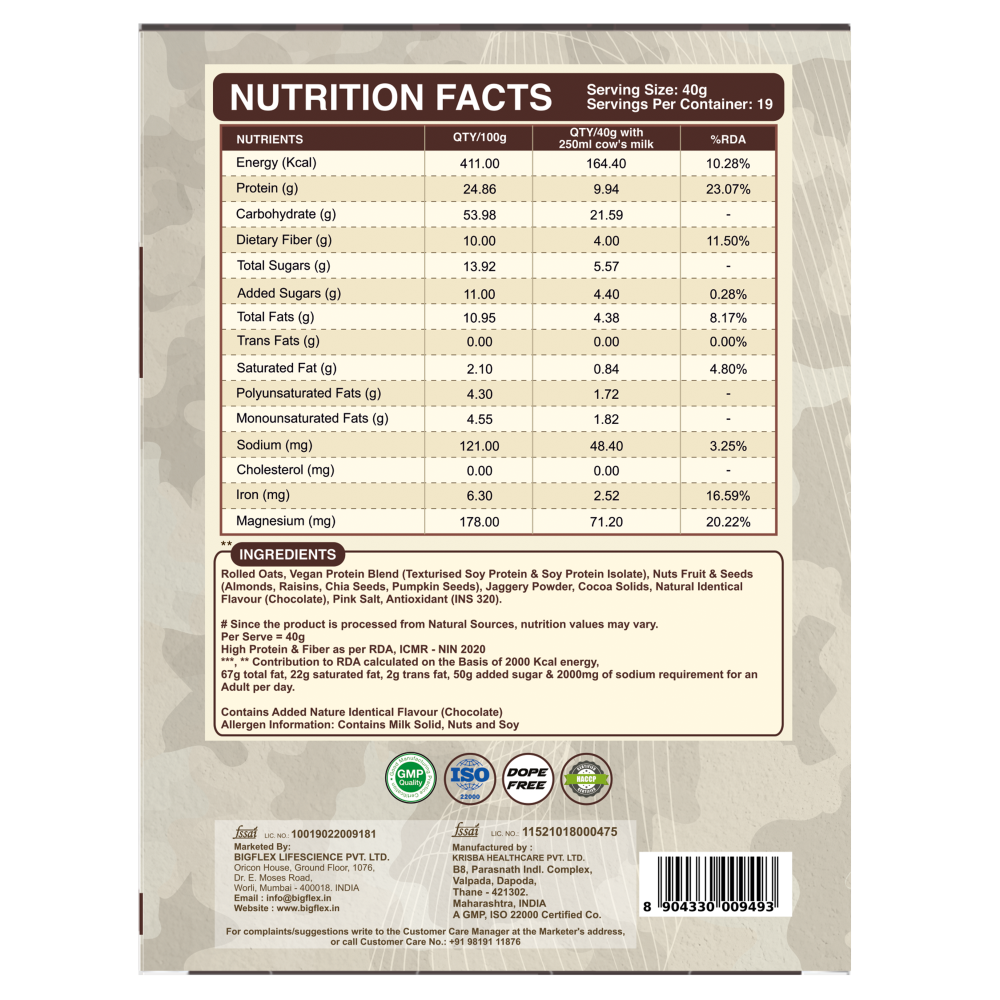 Bigflex 25g High Protein Oats Dark Chocolate 750g – Rolled Oats, Protein Blend, Jaggery Powder, Cocoa Powder, Nuts & Seeds – 25g Protein, Source of Dietary Fibre & Healthy Fats, No Refined Sugar & Salt