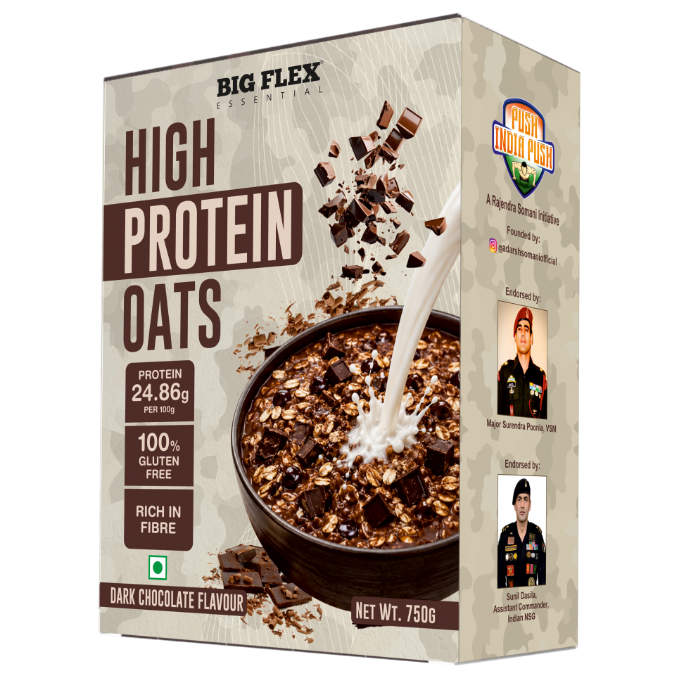 Bigflex 25g High Protein Oats Dark Chocolate 750g – Rolled Oats, Protein Blend, Jaggery Powder, Cocoa Powder, Nuts & Seeds – 25g Protein, Source of Dietary Fibre & Healthy Fats, No Refined Sugar & Salt