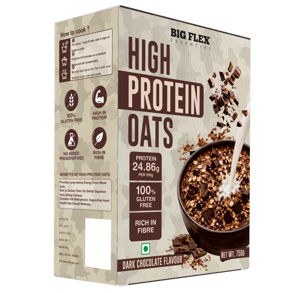 Bigflex 25g High Protein Oats Dark Chocolate 750g – Rolled Oats, Protein Blend, Jaggery Powder, Cocoa Powder, Nuts & Seeds – 25g Protein, Source of Dietary Fibre & Healthy Fats, No Refined Sugar & Salt